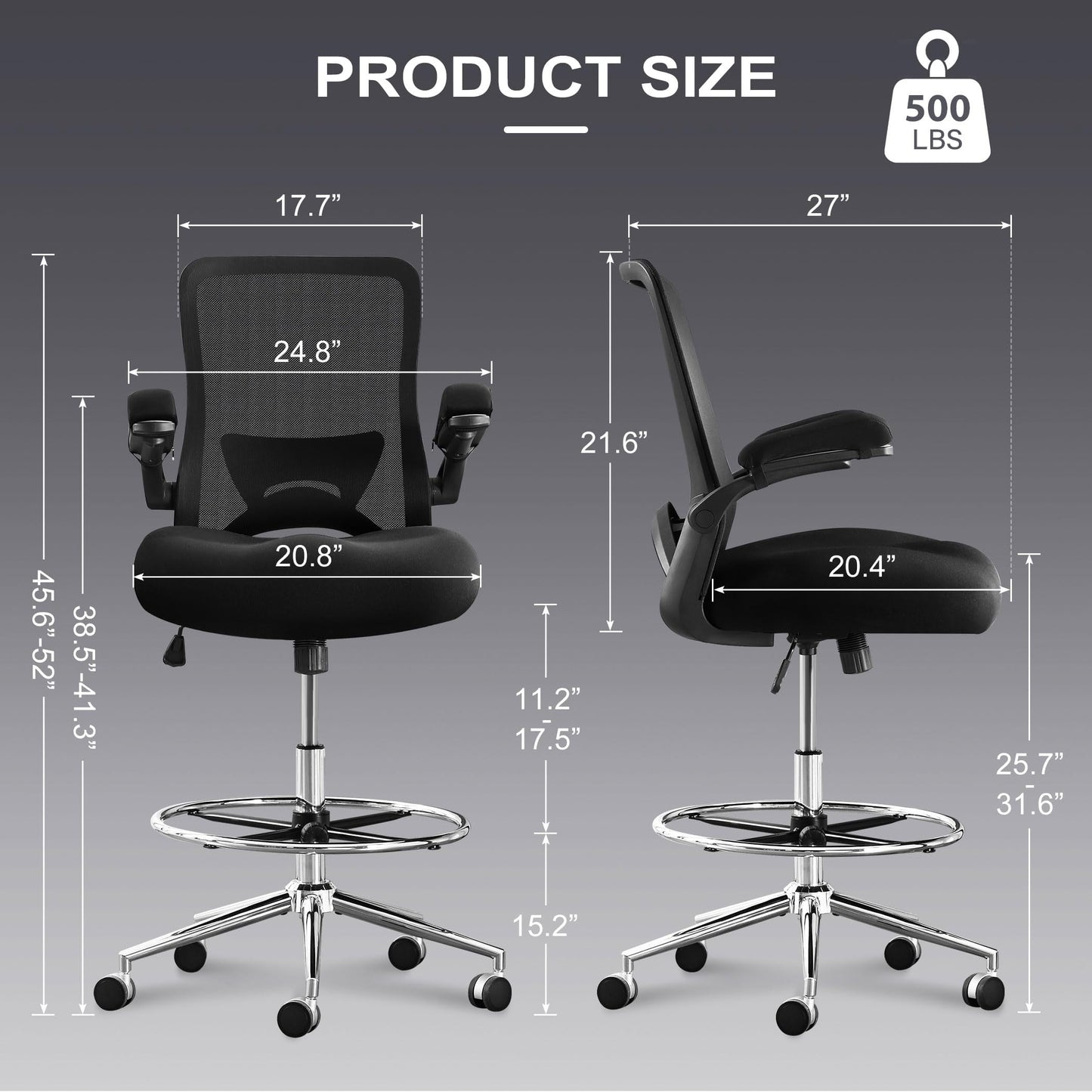 JONPONY 500lbs Big and Tall Office Chair with W-Shape Thicken Cushion, Ergonomic Office Chair with Flip-up Armrests, Breathable High Back Office Chair, Extra Wide Seat, Padded Armrests, Black
