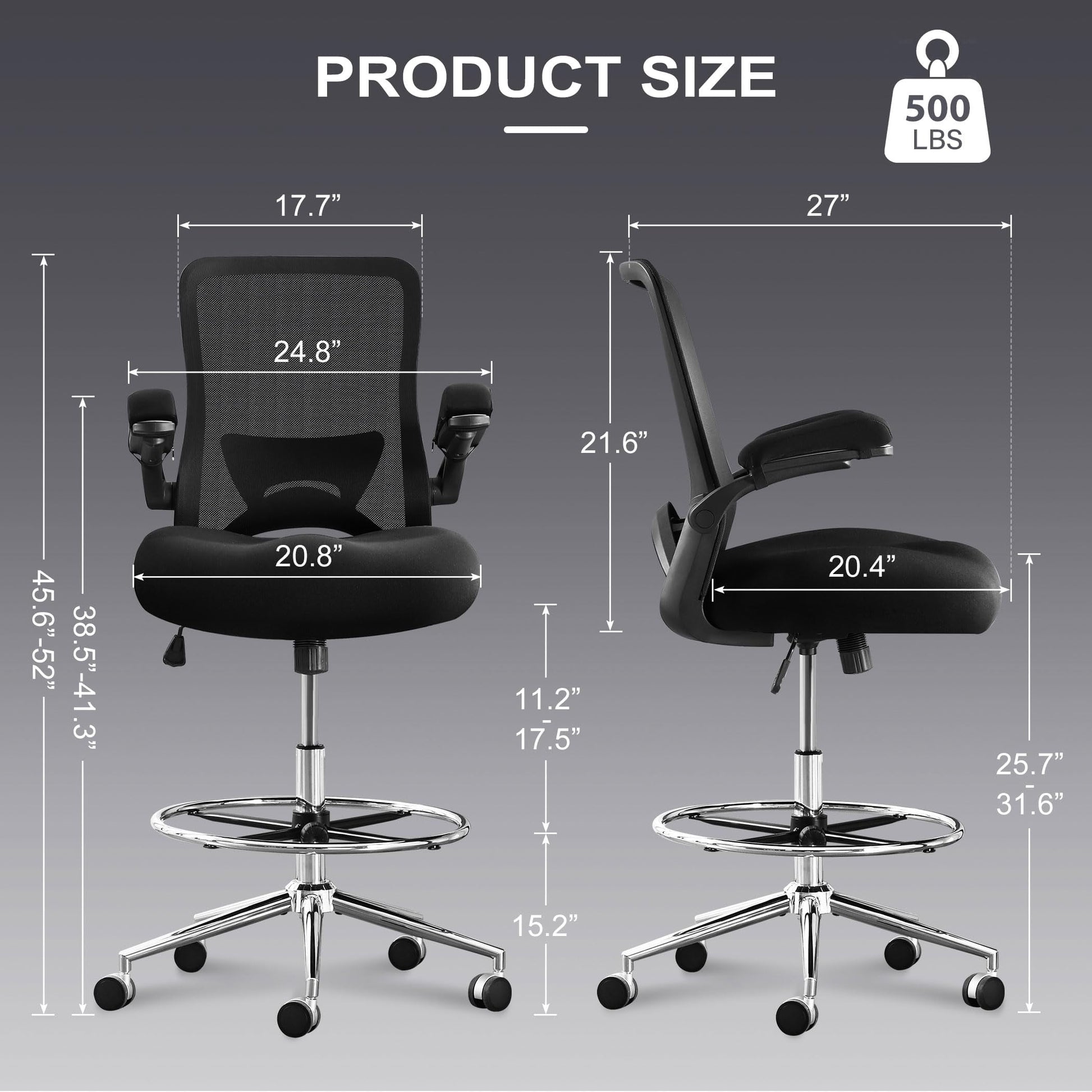 JONPONY 500lbs Big and Tall Office Chair with W-Shape Thicken Cushion, Ergonomic Office Chair with Flip-up Armrests, Breathable High Back Office Chair, Extra Wide Seat, Padded Armrests, Black
