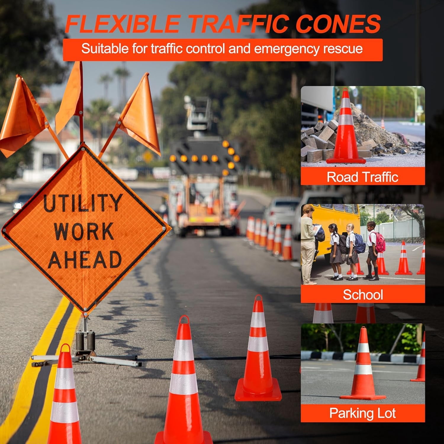 12 Pack Traffic Cones 28 Inch Safety Cones with Reflective Collar, Orange Cones with Weighted Base and Hand-Held Ring Used for Traffic Control, Parking Lot, Driving Training.