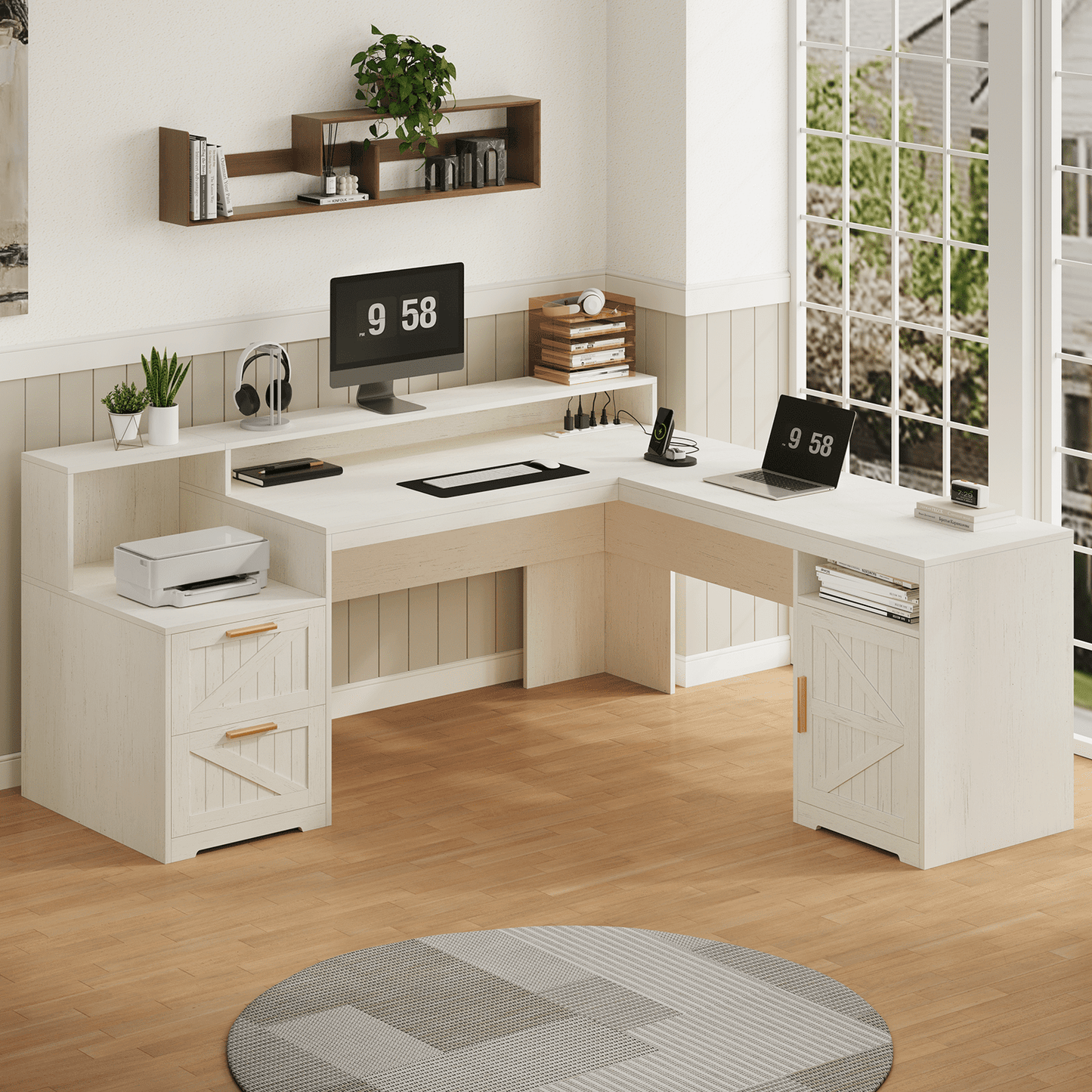 63" Farmhouse L Shaped Executive Desk with Drawers & Storage Shelf, Corner Computer Desk with Power Outlets, L Shaped Office Desk with Monitor Stand, Printer Shelf, White