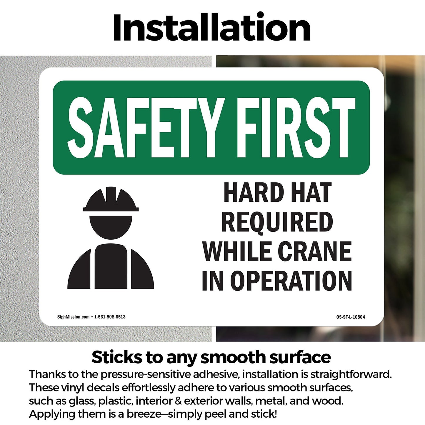 Hard Hat Required Crane Operation OSHA SAFETY FIRST Vinyl Decal Label 7 Inch x 5 Inch - 10 Pack