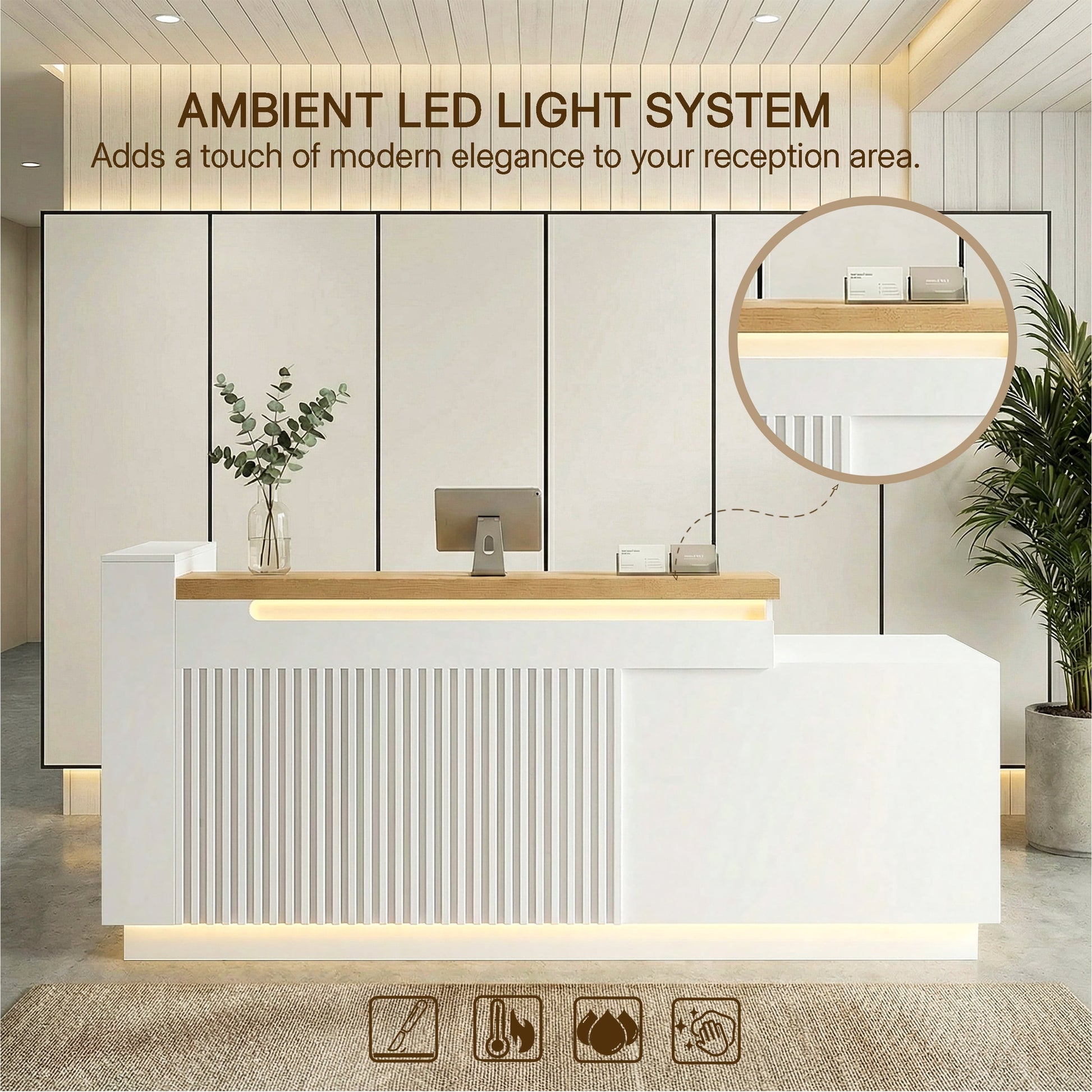 63" White L-Shaped Reception Desk with Left Counter, Modern Front Desk with Built-in Power Outlets, Locking Drawers & LED Lights for Office, Salon & Retail