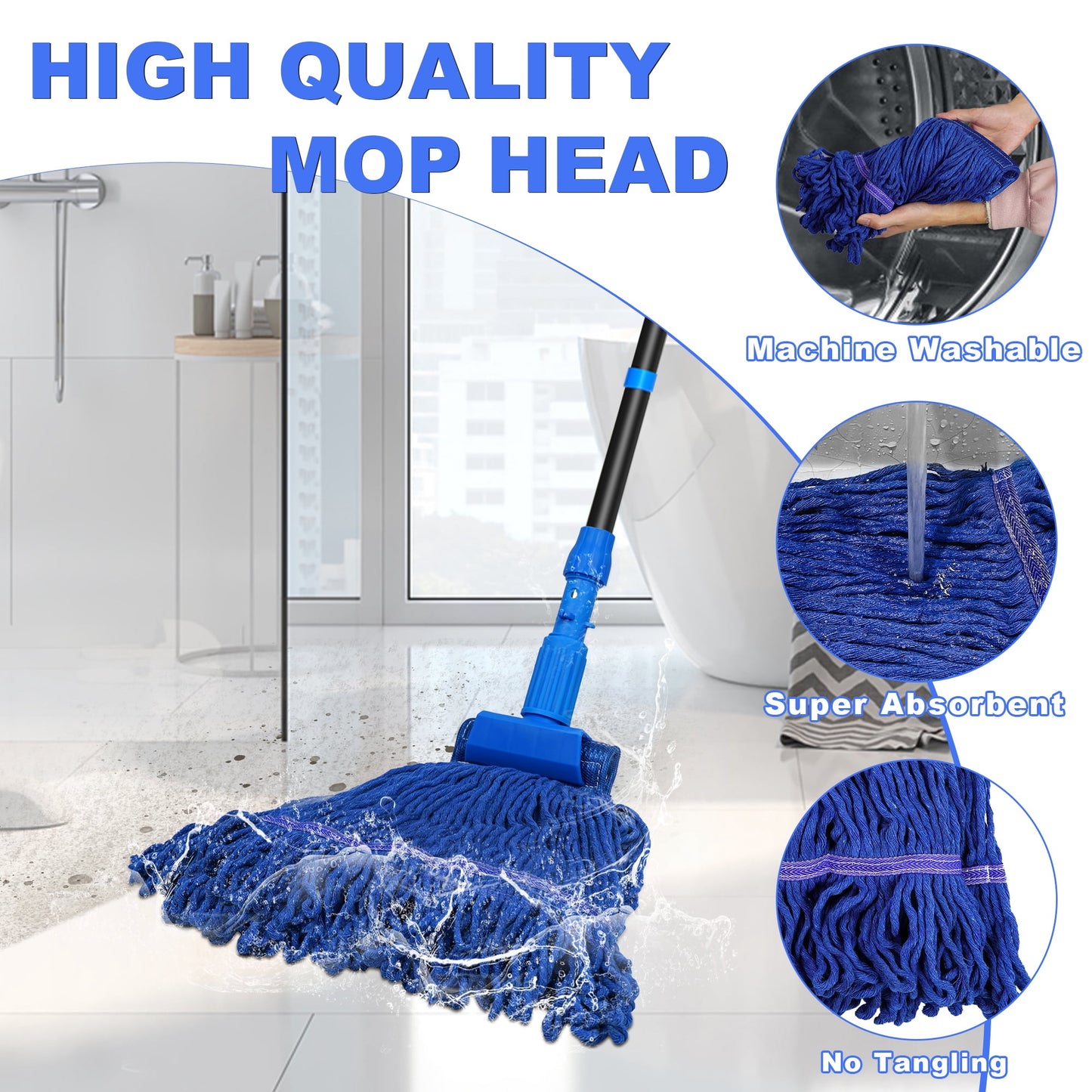 NEWE Commercial Mop for Floor Cleaning, Heavy Duty Industrial Mops with 55 inches Long Handle (Blue)