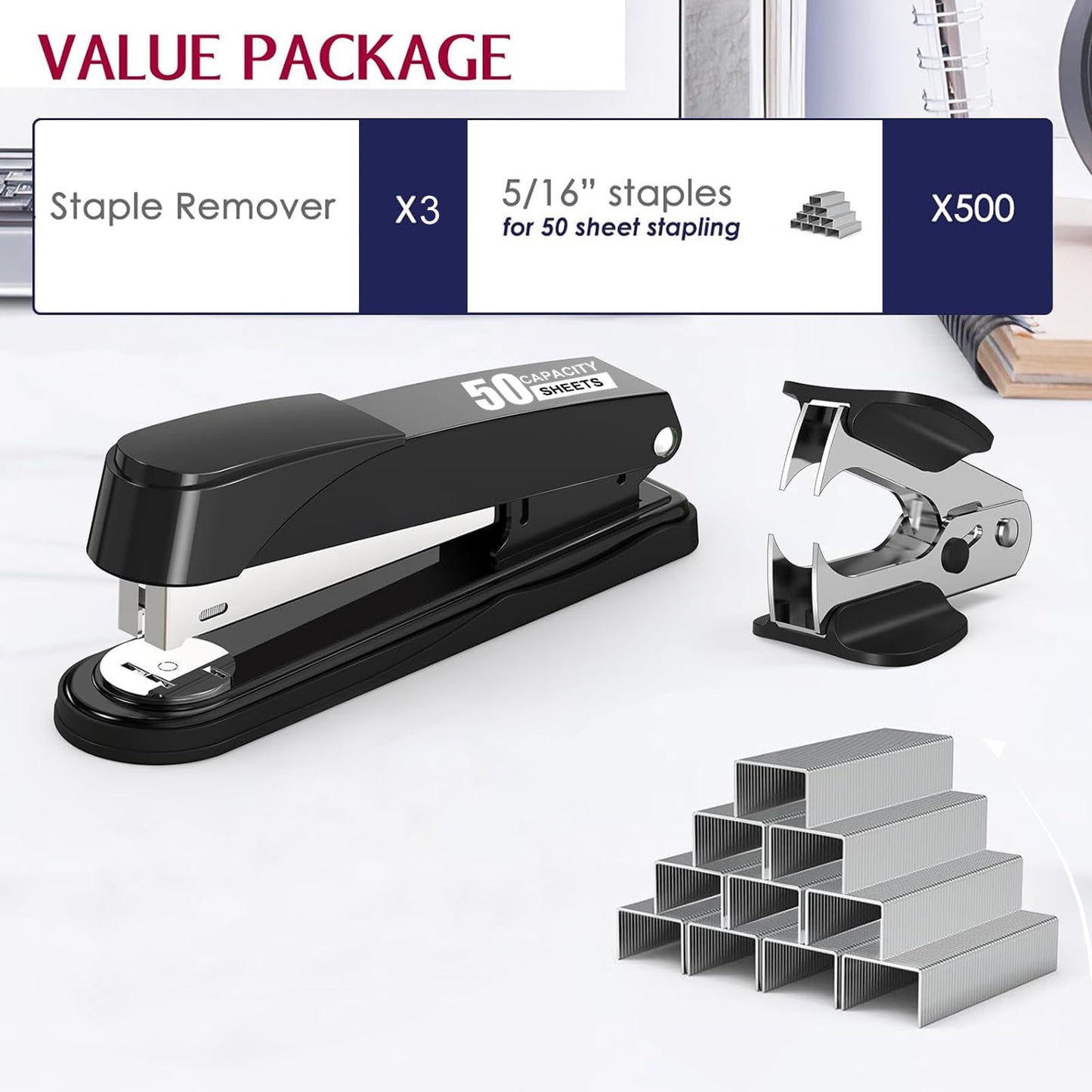 BAODELI Heavy Duty Metal Stapler, 50-Sheet Capacity, Includes Staples & Remover, Black, Full Strip for Office Desk