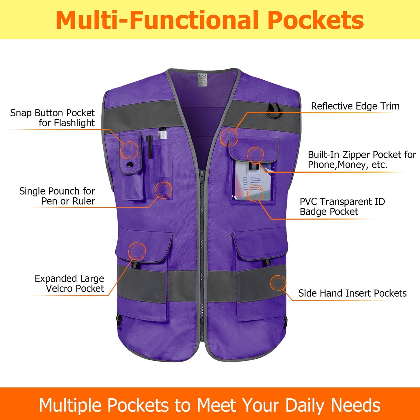 TCCFCCT Reflective Vest 9 Pockets High Visibility Safety Vest for Men Women, Hi Vis Construction Work Vest with Reinforced Sewing, Durable to Use, Meets ANSI/ISEA Standards, (Purple, XX-Large)