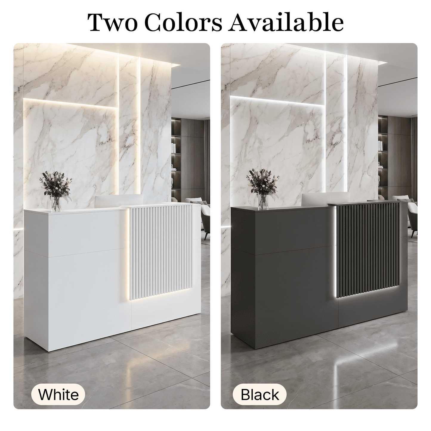 63" Modern Reception Desk with Wooden Grille Front Design, Built-in Power Outlets and Lockable Drawers for Salon, Office, Lobby or Retail Store, Black