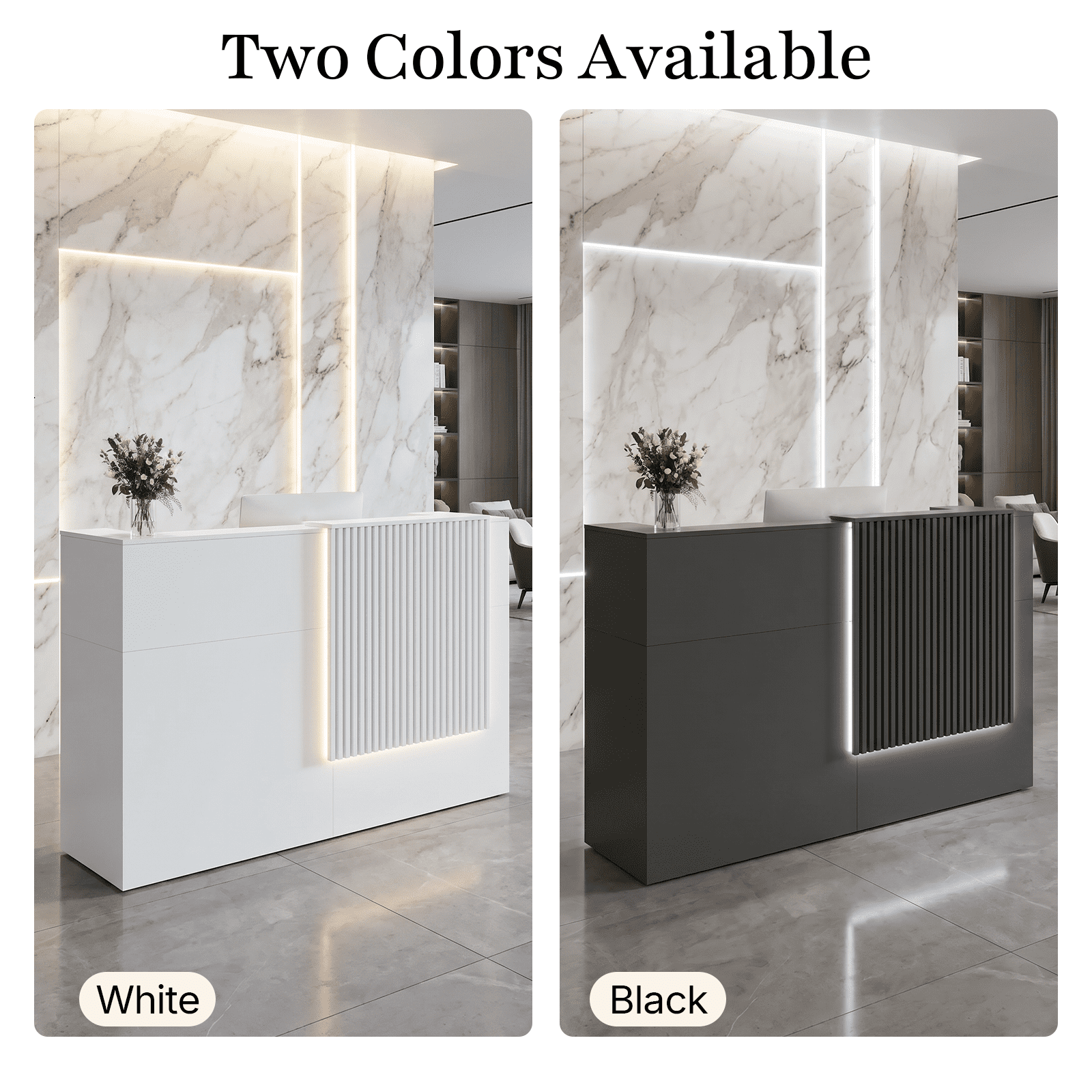 63" Modern Reception Desk with Wooden Grille Front Design, Built-in Power Outlets and Lockable Drawers for Salon, Office, Lobby or Retail Store, Black