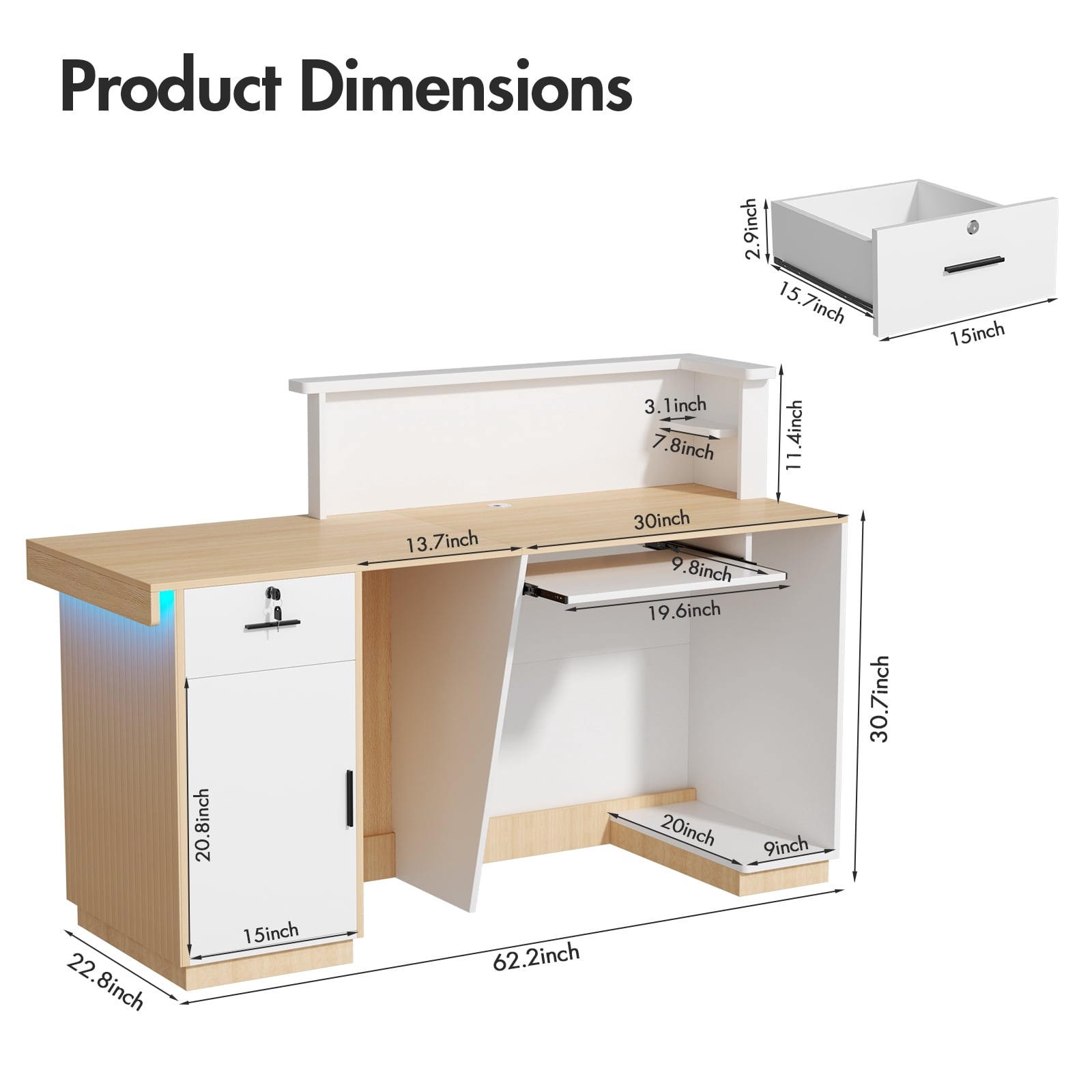Advwin Modern Reception Desk with LED Light, 63" Fluted Front Desk with Lockable Drawer, Cabinet & Sliding Tray, Large Reception Counter Table for Office Lobby Nail Salon Clinic, White+Light Wood