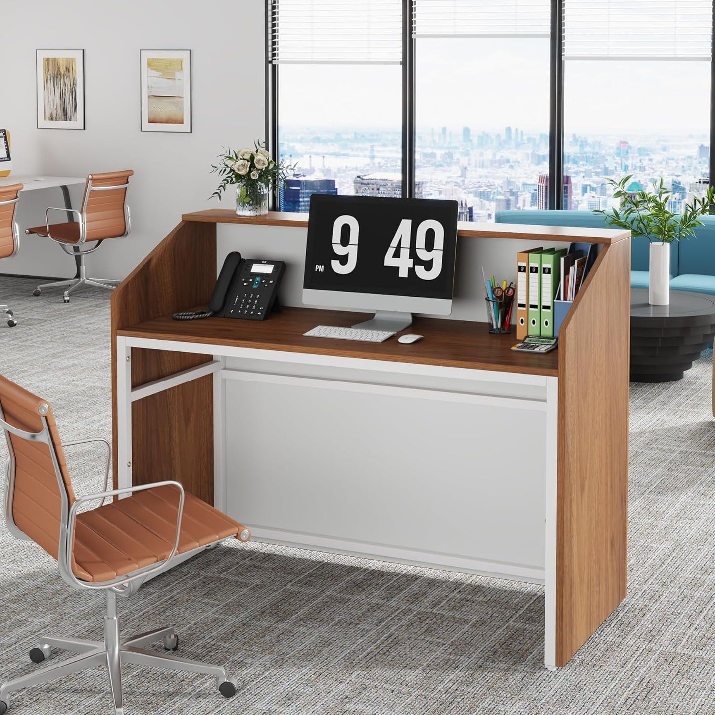 Tribesigns 47" Reception Desk，Modern Wood Front Desk Retail Counter for Checkout, Lobby, Walnut