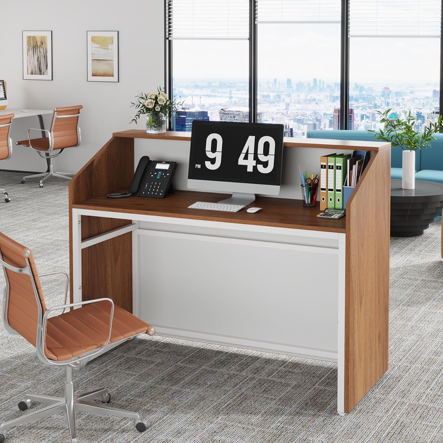 Tribesigns 47" Reception Desk，Modern Wood Front Desk Retail Counter for Checkout, Lobby, Walnut