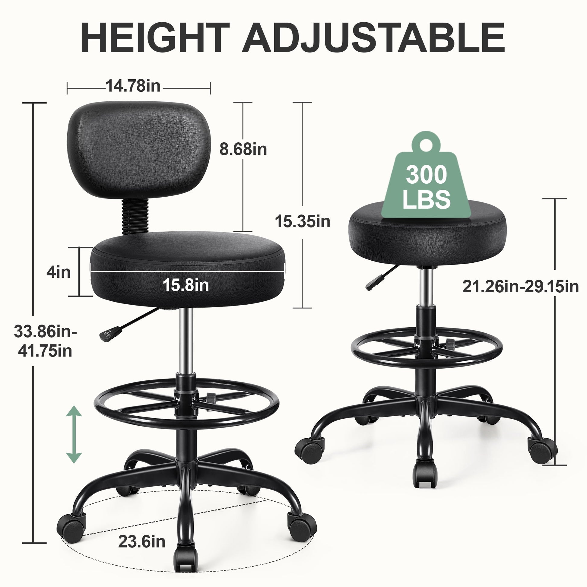 Primy Drafting Office Chair with Backrest - Adjustable Rolling Stool | Armless Office & Bar Height Chair | PU Leather with Thick Cushion | for Home, Office, Salon, Kitchen, Shop, Black