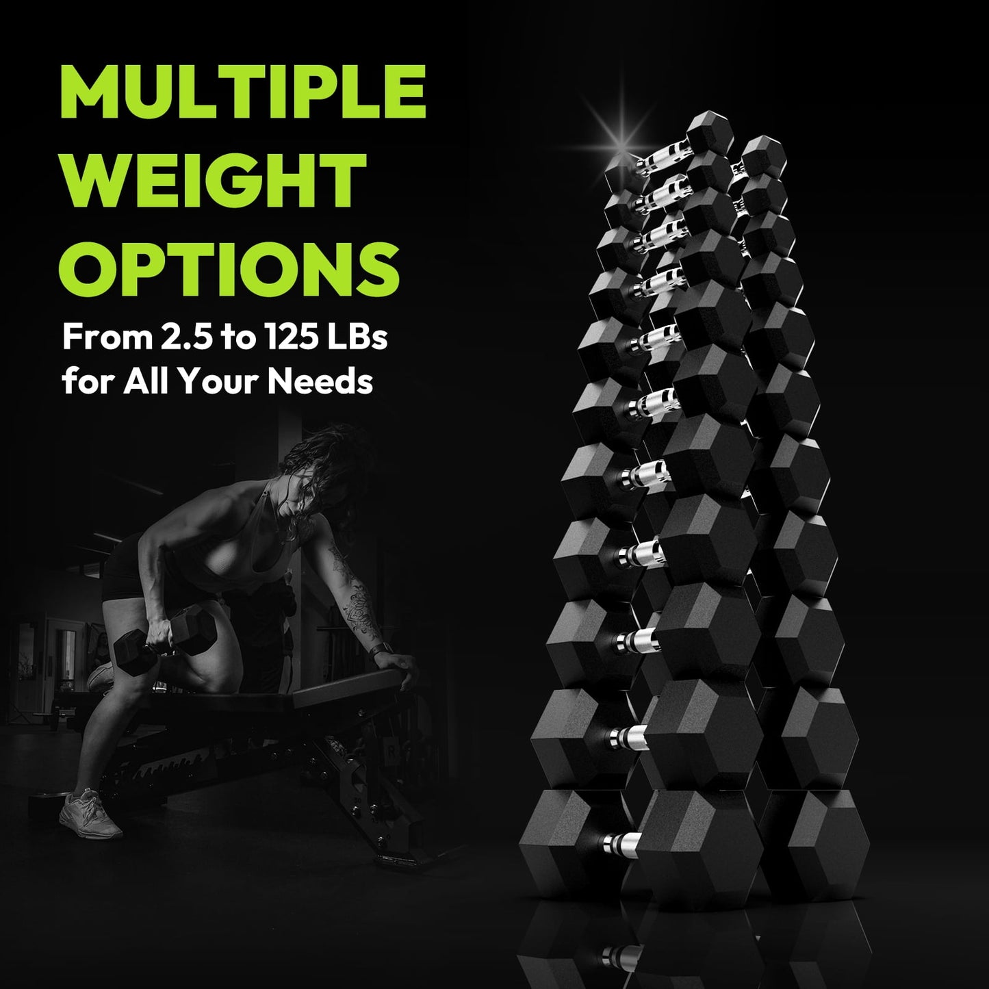 HANDBODE Hex Dumbbell Set A 255 lb, Space-Saving Design, Durable Rubber-Encased & Ergonomic Hand Weights for Home Gym, Strength Training and Fitness