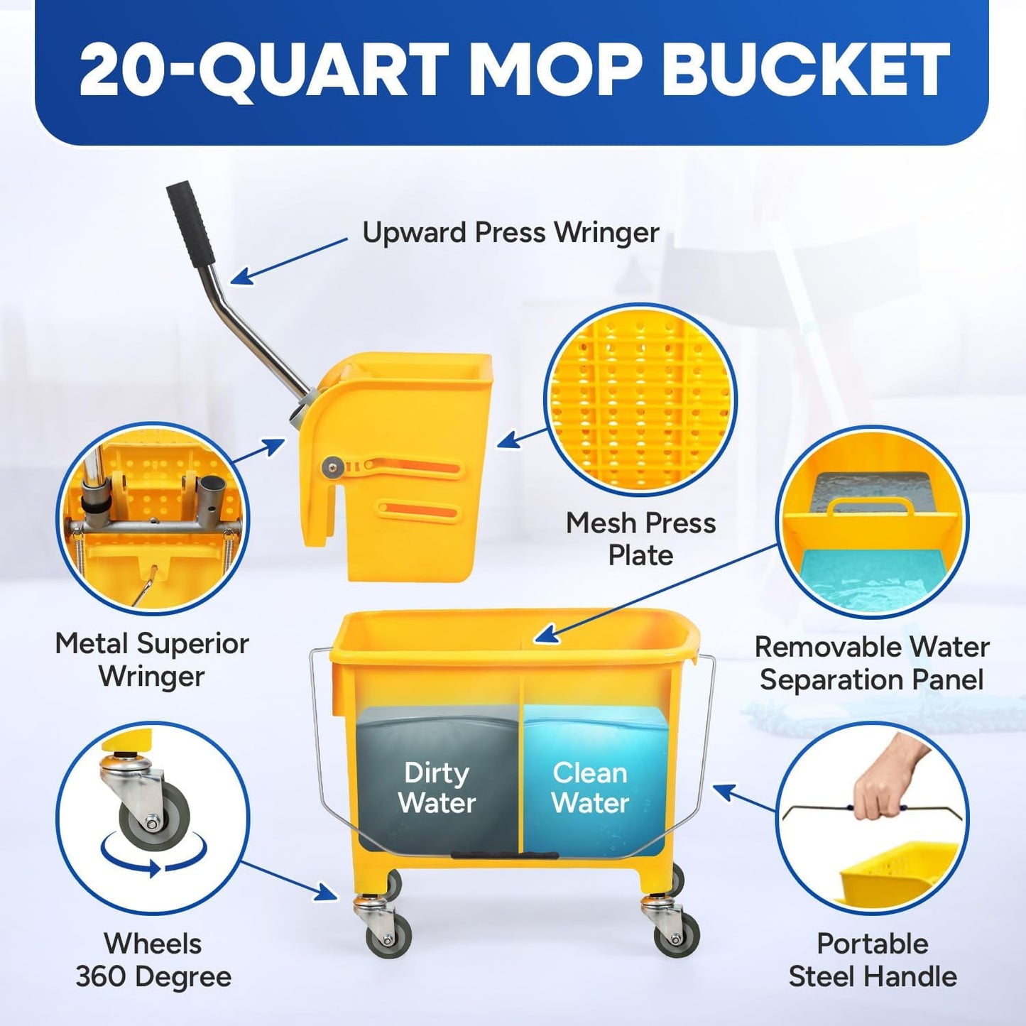 Commercial Mop Bucket with Wringer on Wheels, Heavy Duty Dual Chamber Industrial Mop Bucket Separate Dirty Water, Perfect for Business Household, Small 20 Quart Yellow