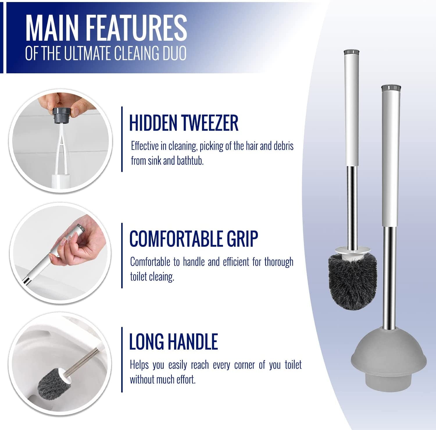 True Fresh 2 in 1 Toilet Brush and Plunger Set Stainless Steel - Toilet Plunger and Toilet Brush and Caddy Holder