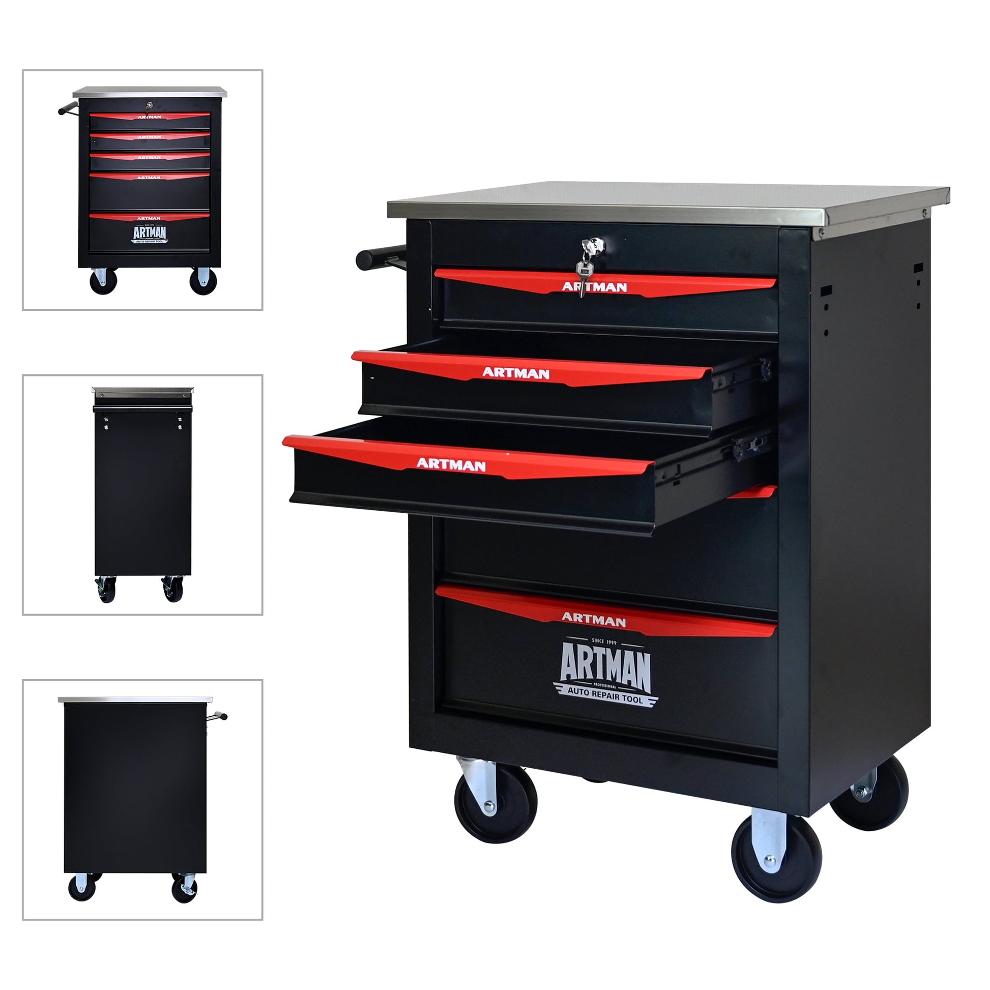 ARTMAN 5 Drawers Steel Storage Rolling Tool Chest Cabinet Cart with Wheels and Stainless Steel Roof