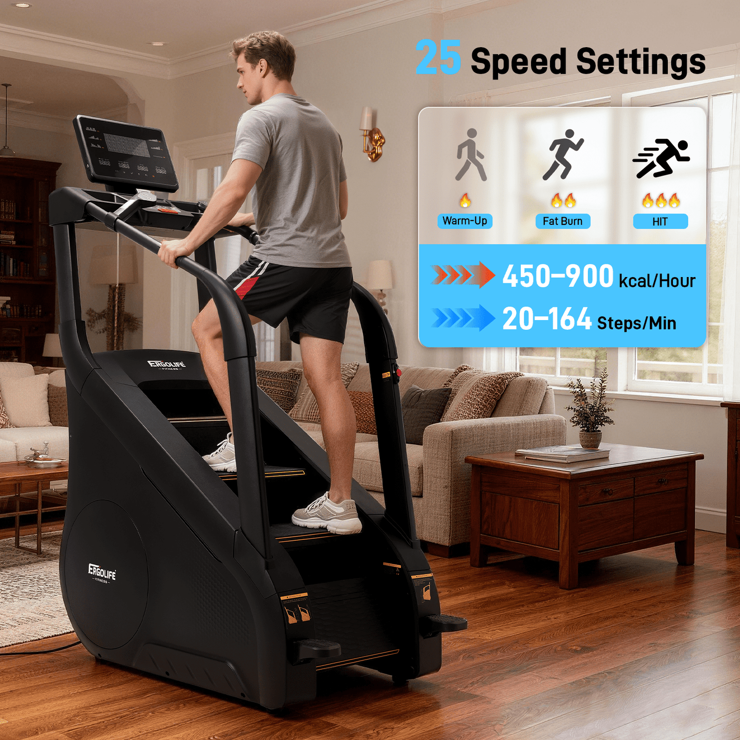 ERGOLIFE Stair Stepper Machine for Home Gym, Stair Climber with 25 Resistance Levels, 660 lbs Capacity, 7-Level Safety System, Natural Floating Step, Quiet Cardio Workout Machine with LED Touchscreen