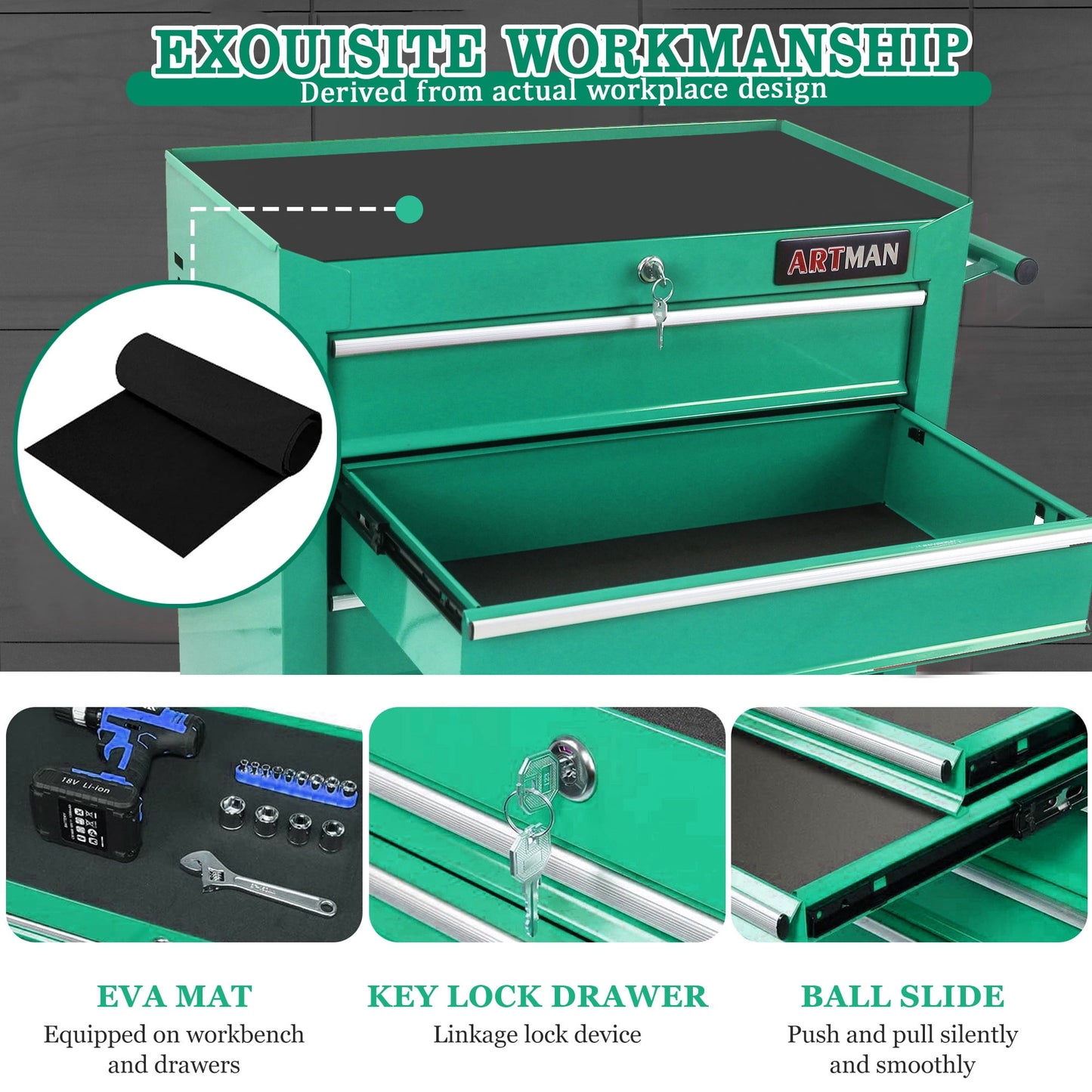 Seizeen Cold Rolled Steel 5-Drawers Tool Chest, Rolling Tool Box on Wheels for Garage Workshop, Green Tool Storage Cabinet
