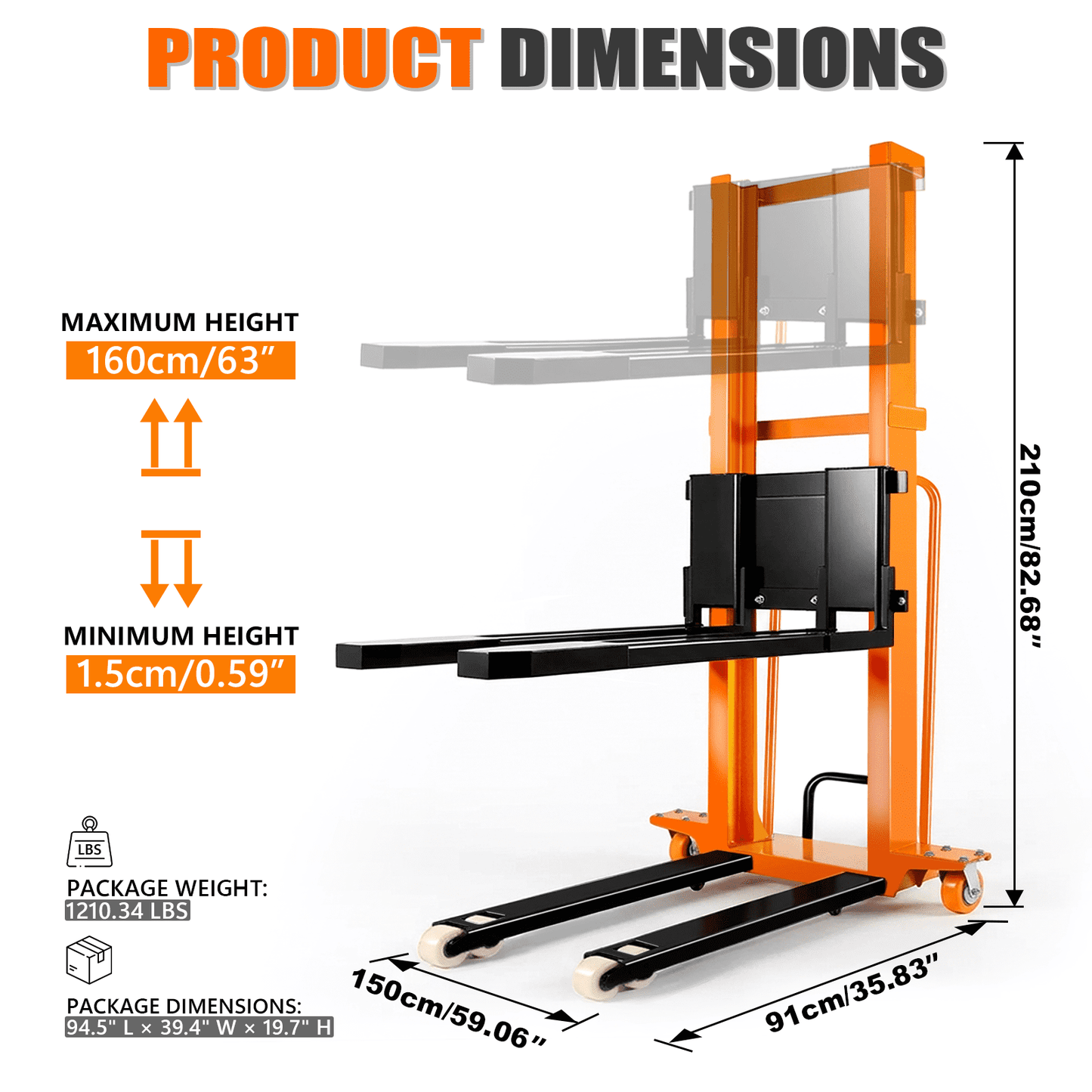 Vakiorn 1100 Lbs Electric Manual Pallet Stacker 63" Lift Height 1500W Powered Walkie Stacker with 48V 10Ah Battery Manual Hand Forklift Pallet Truck for Warehouse Logistics Workshop