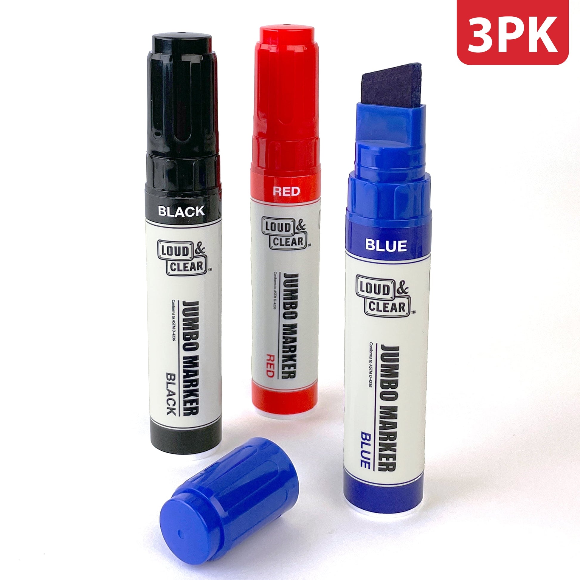Loud & Clear -Jumbo Permanent Markers - Extra Wide Chisel Tip Marker 3pc Multi-pack, (Black, Red, Blue)
