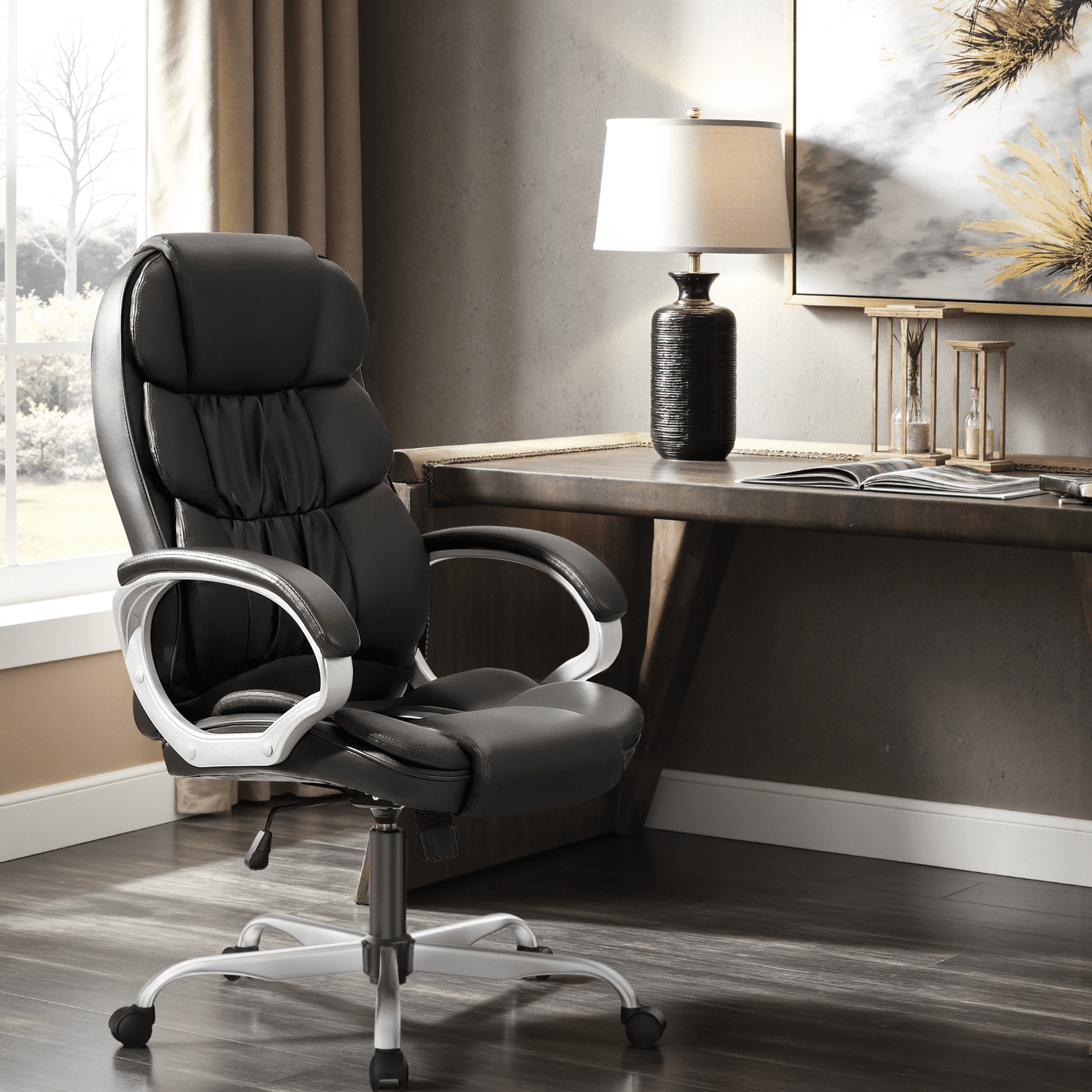Furmax High Back Office Adjustable Ergonomic Desk Padded Armrests Executive PU Leather Swivel Task Chair with Lumbar Support, Black