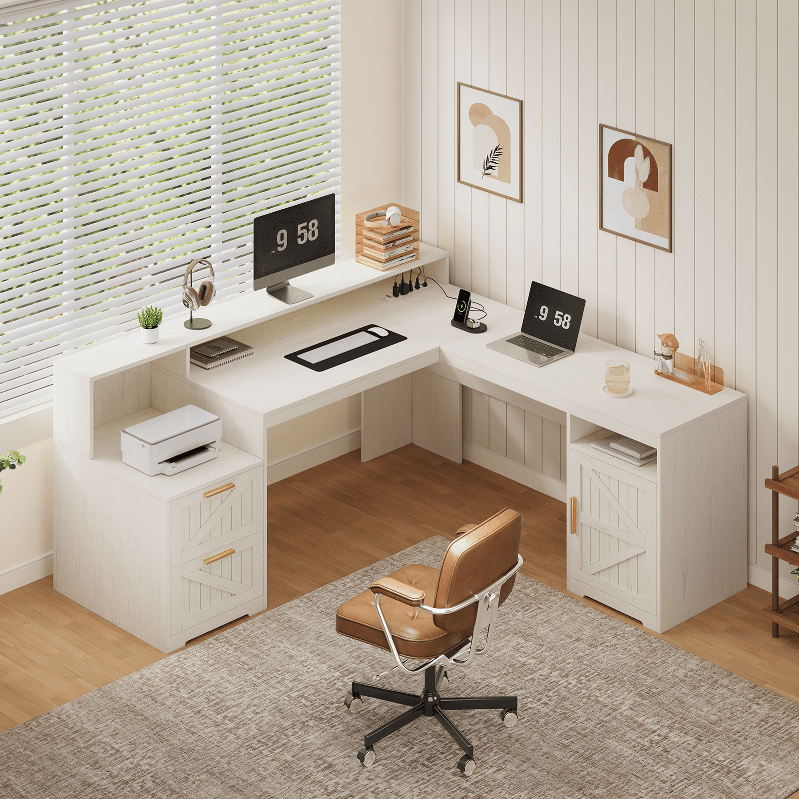 63" Farmhouse L Shaped Executive Desk with Drawers & Storage Shelf, Corner Computer Desk with Power Outlets, L Shaped Office Desk with Monitor Stand, Printer Shelf, White