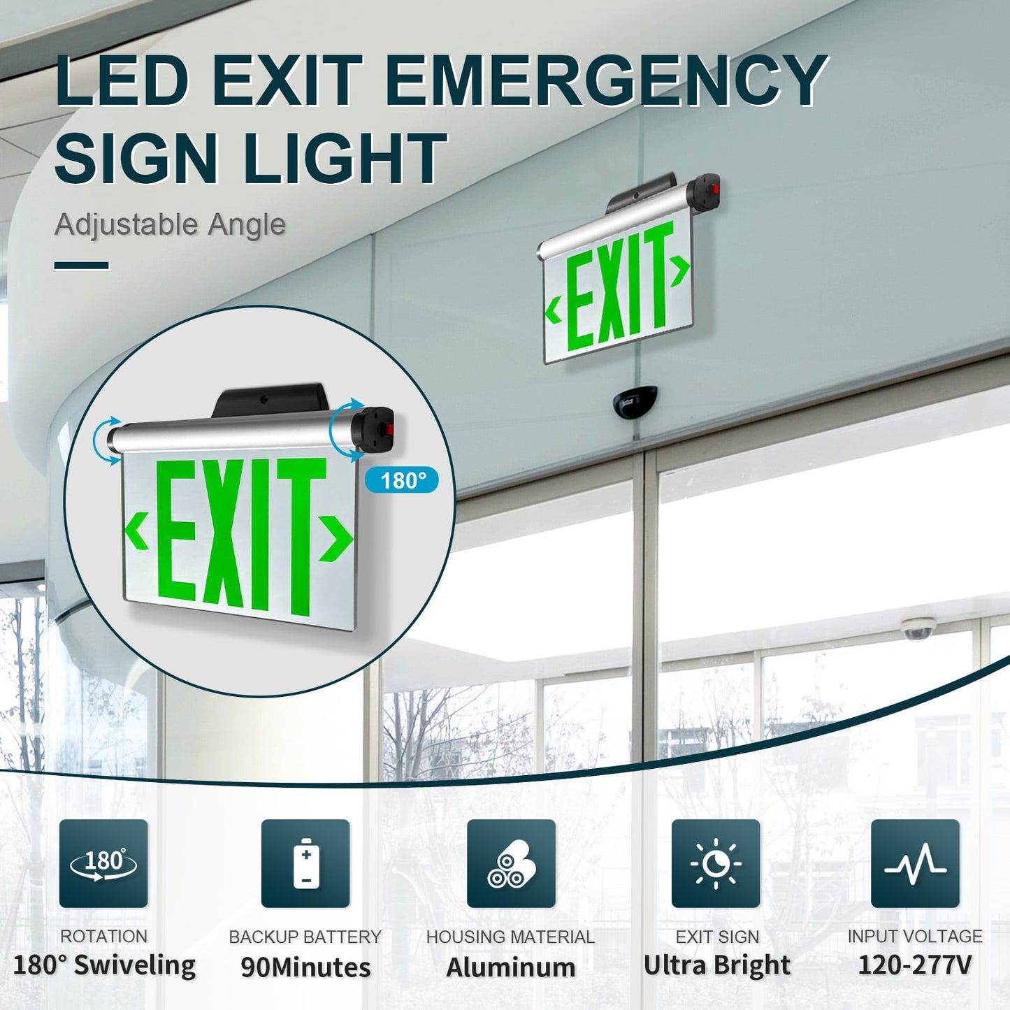 MW Lighting Green Hardwired LED Fire Exit Sign, Double Sided Aluminum & Acrylic Panel, UL Damp Rated, Top/Side/Wall Mount Canopy, Indoor Outdoor Commercial Dead End Entry Light