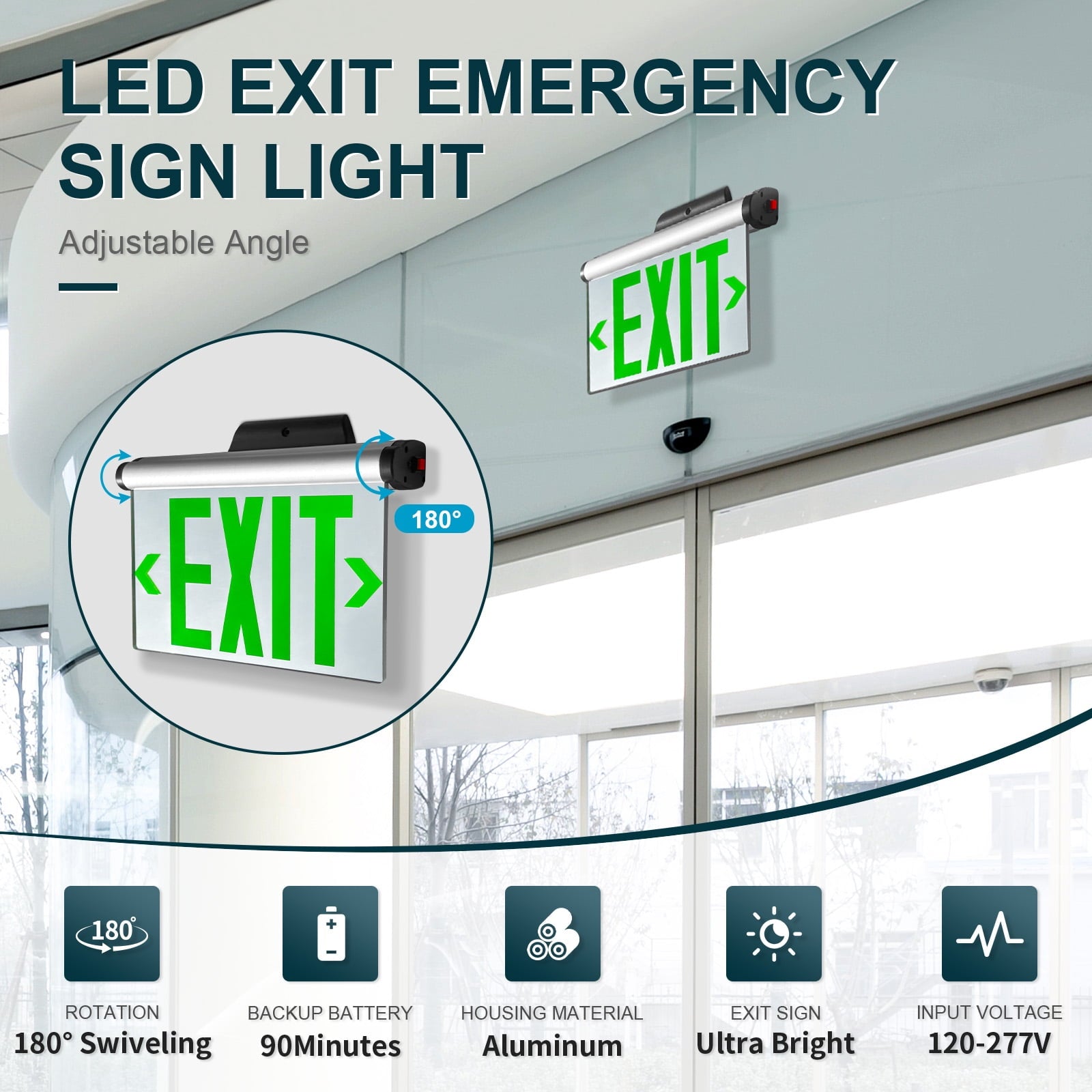 MW Lighting Green Hardwired LED Fire Exit Sign, Double Sided Aluminum & Acrylic Panel, UL Damp Rated, Top/Side/Wall Mount Canopy, Indoor Outdoor Commercial Dead End Entry Light