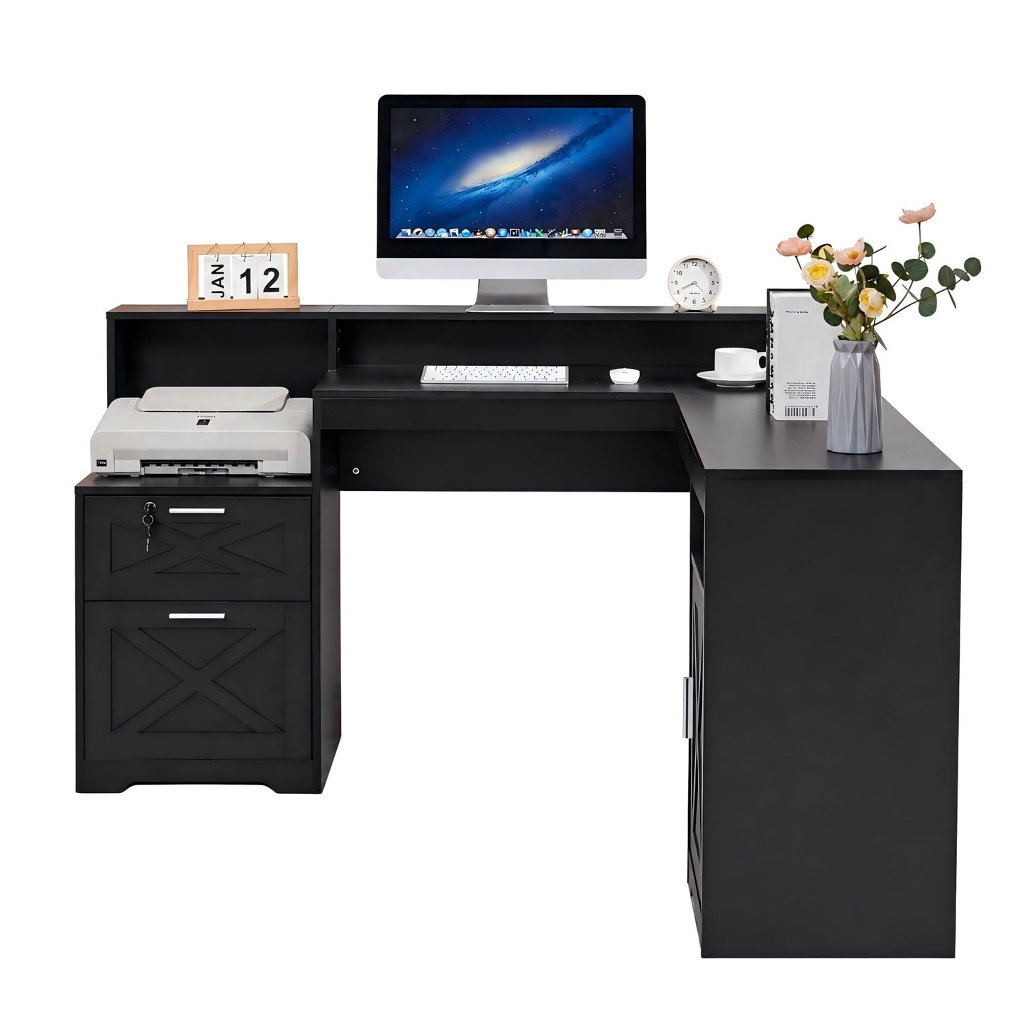 58.2 Inch L-Shaped Executive Desk with Drawers & Storage Shelf, Corner Computer Desk with Power Outlets, Monitor Stand & Printer Shelf