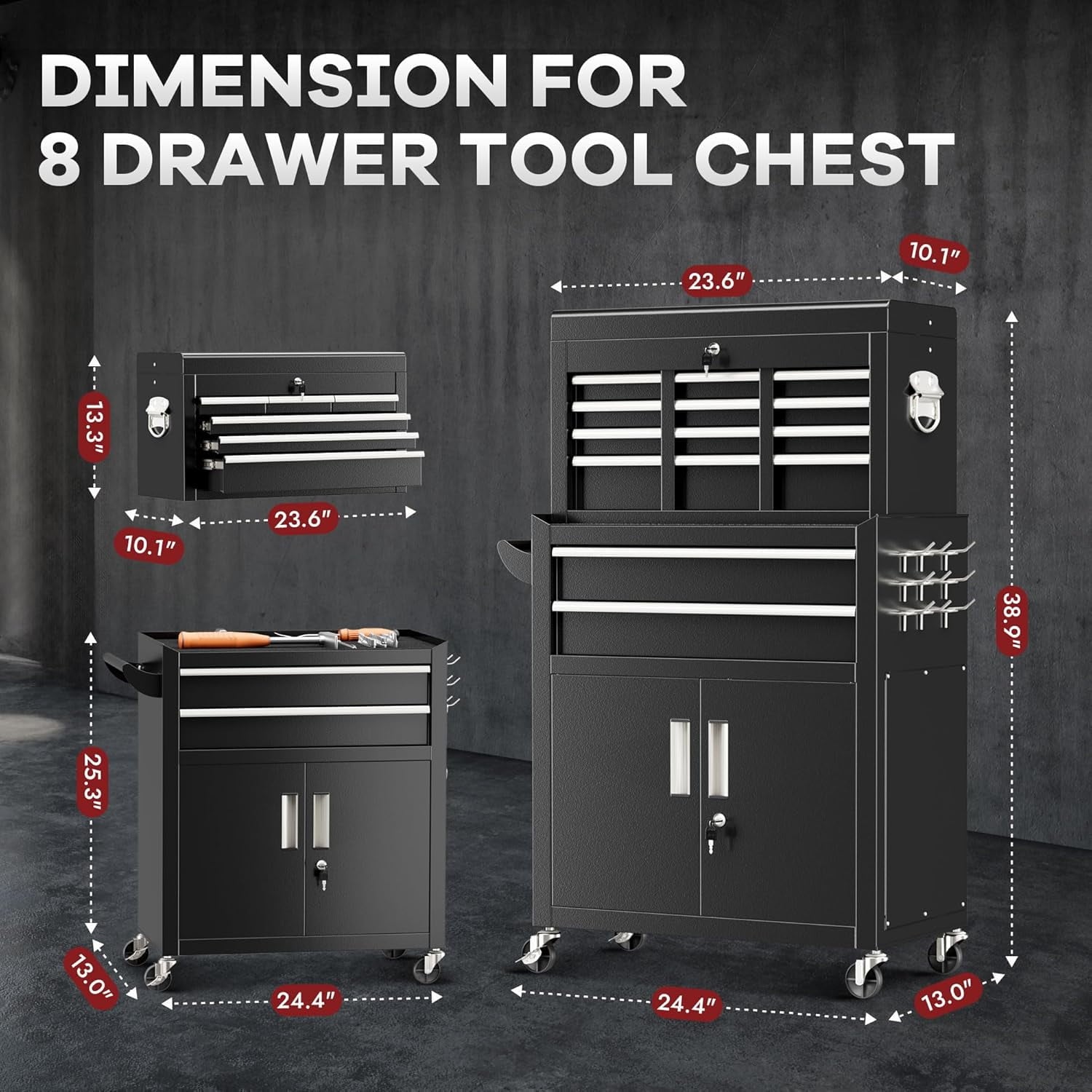 SOLAURA 8-Drawer Rolling Tool Chest Metal Tool Box Lockable Storage Cabinet with Wheels, Black