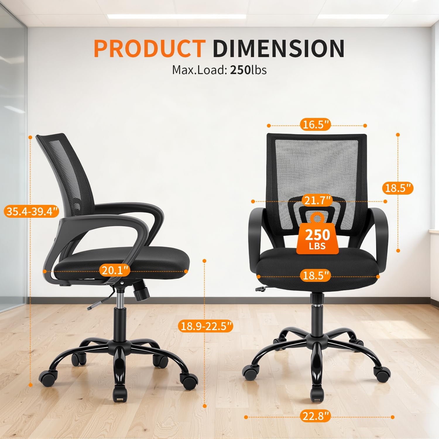 BestOffice Ergonomic Home Office Chair, Adjustable Lumbar Support and Height, with Arms, Black