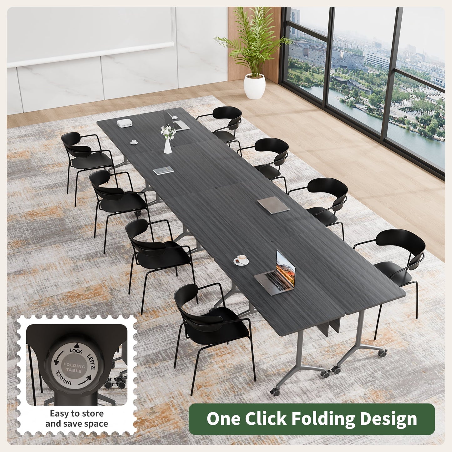 Folding Conference Room Tables with Silent Wheels, 6-12 Person Modern Foldable Modular Meeting Training desk for Office Seminar Boardroom (61 Ebony 8)