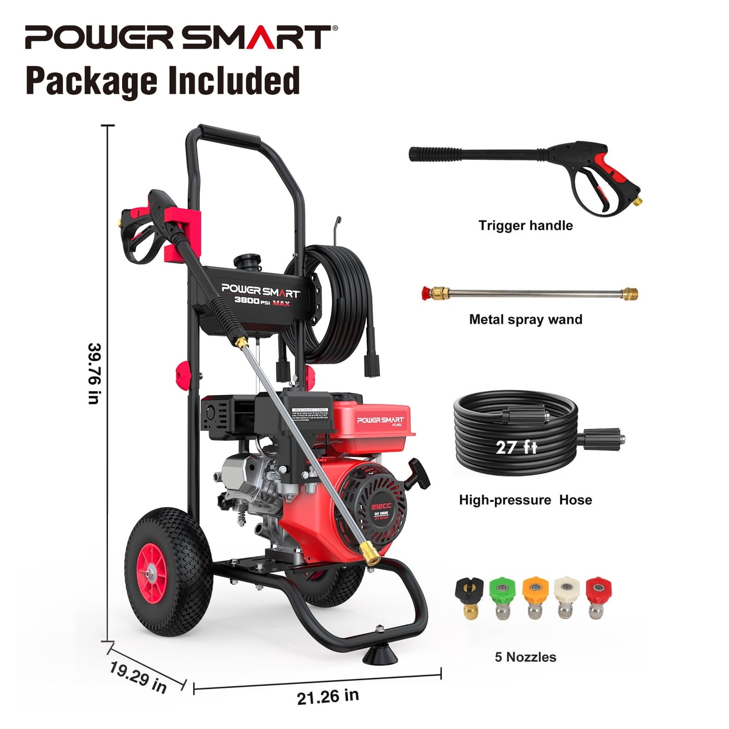 PowerSmart 3800PSI Gas Pressure Washer, 212cc Engine 2.5GPM 5 Quick-Adjustable Nozzles for Gardens