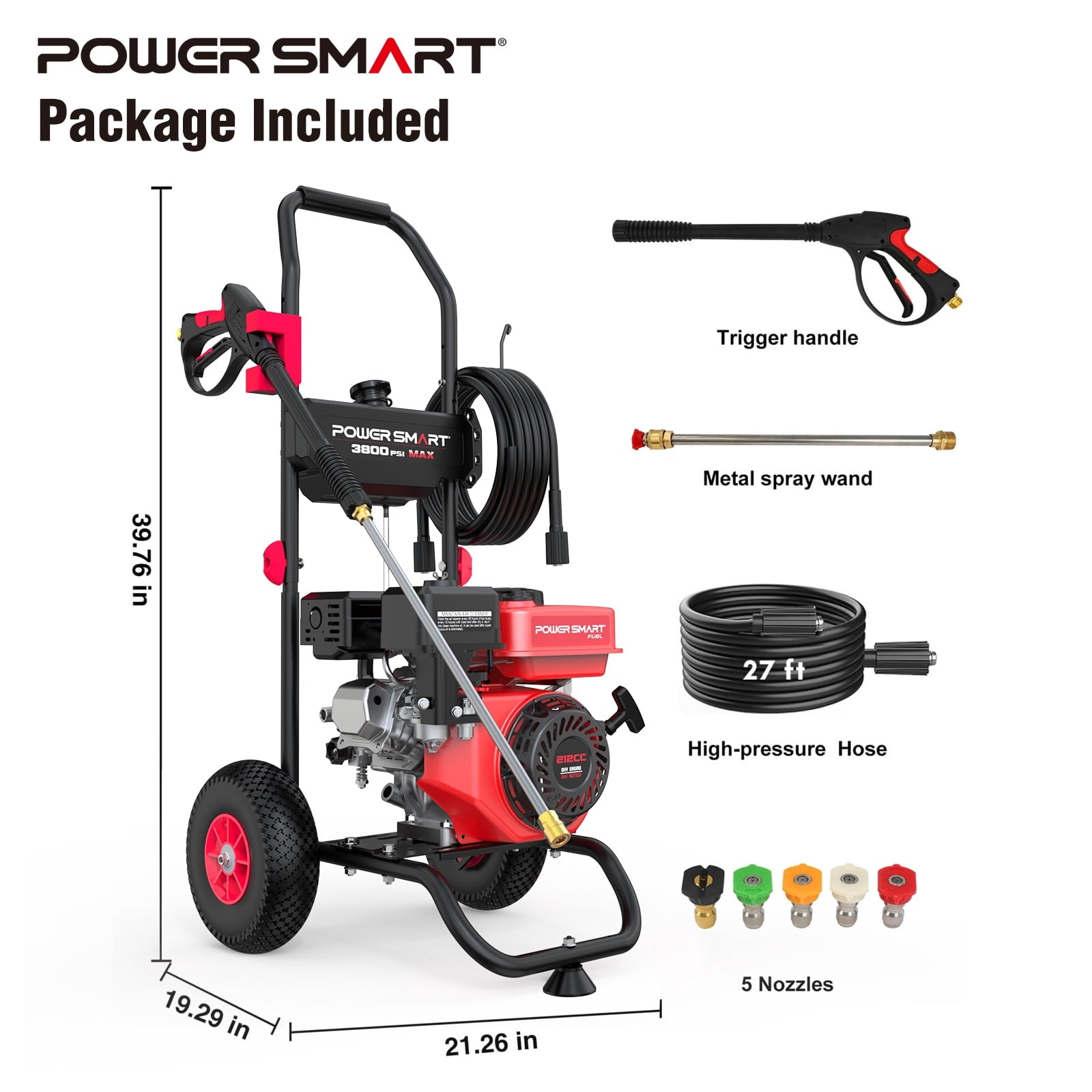 PowerSmart 3800PSI Gas Pressure Washer, 212cc Engine 2.5GPM 5 Quick-Adjustable Nozzles for Gardens