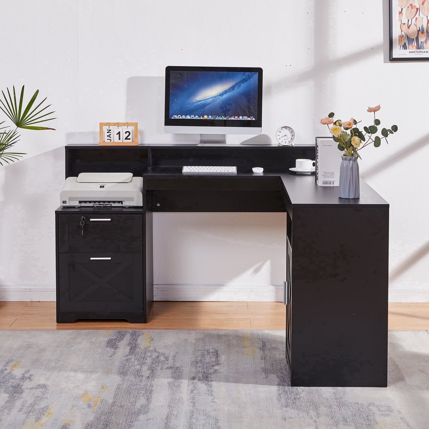 58.2 Inch L-Shaped Executive Desk with Drawers & Storage Shelf, Corner Computer Desk with Power Outlets, Monitor Stand & Printer Shelf