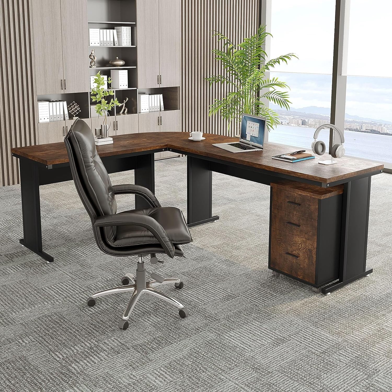 Tribesigns 83 Inch L-Shaped Office Desk, Large Executive Computer Desk with 3-Drawer File Cabinet, Industrial Corner Desk with Storage Drawers, Business Furniture Work Desk for Home Office (Brown)