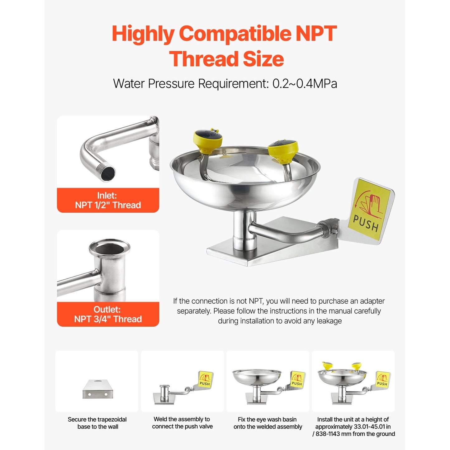 KFFKFF Emergency Eye Wash Station, Stainless Steel Wall-Mounted Eyewash Unit, First Aid Eye Wash Sink 16.14 x 12.99 x 9.45 Inches, Suitable for Laboratories, Factories, Schools, Construction Sites