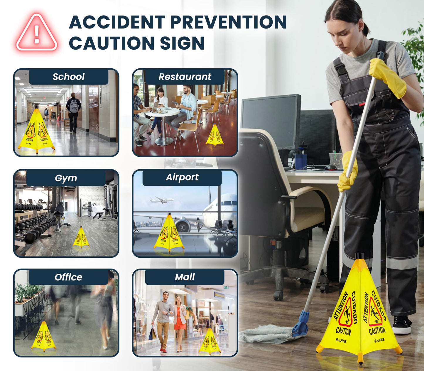 Alpine Caution Wet Floor Sign 3 Pack - Pop Up Slippery When Wet Sign, Wall Mounted Foldable Bilingual Yellow Safety Warning Cone for Commercial & Office Use (20 Inches)