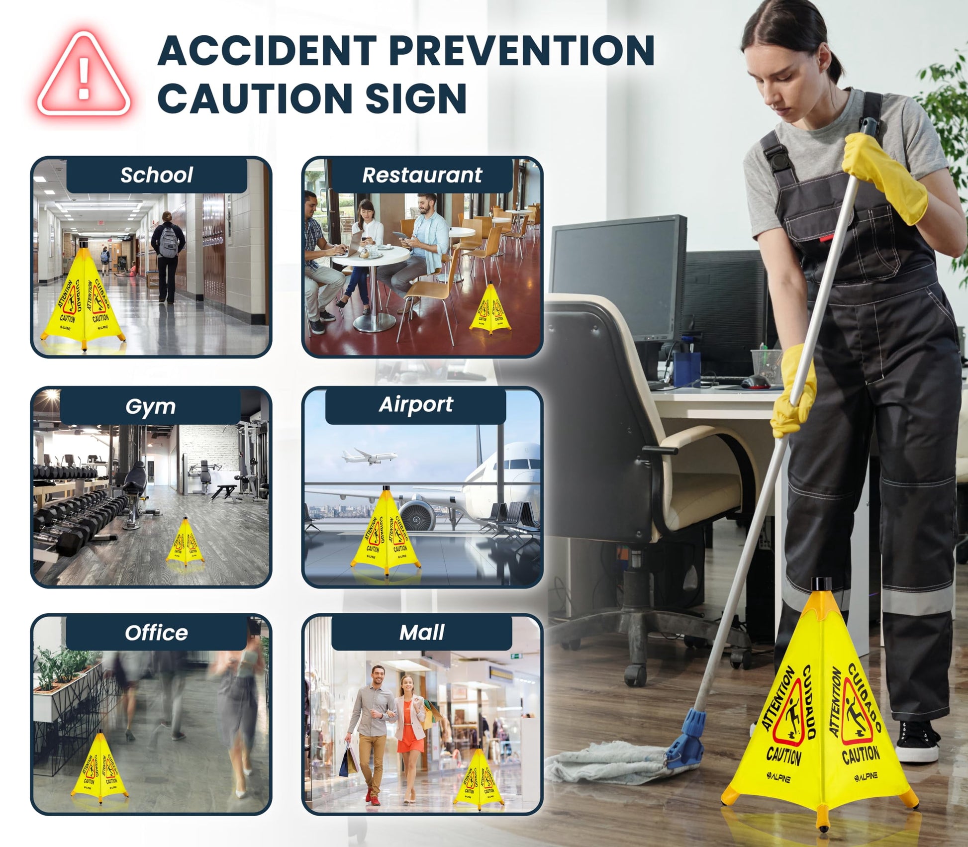 Alpine Caution Wet Floor Sign 3 Pack - Pop Up Slippery When Wet Sign, Wall Mounted Foldable Bilingual Yellow Safety Warning Cone for Commercial & Office Use (20 Inches)