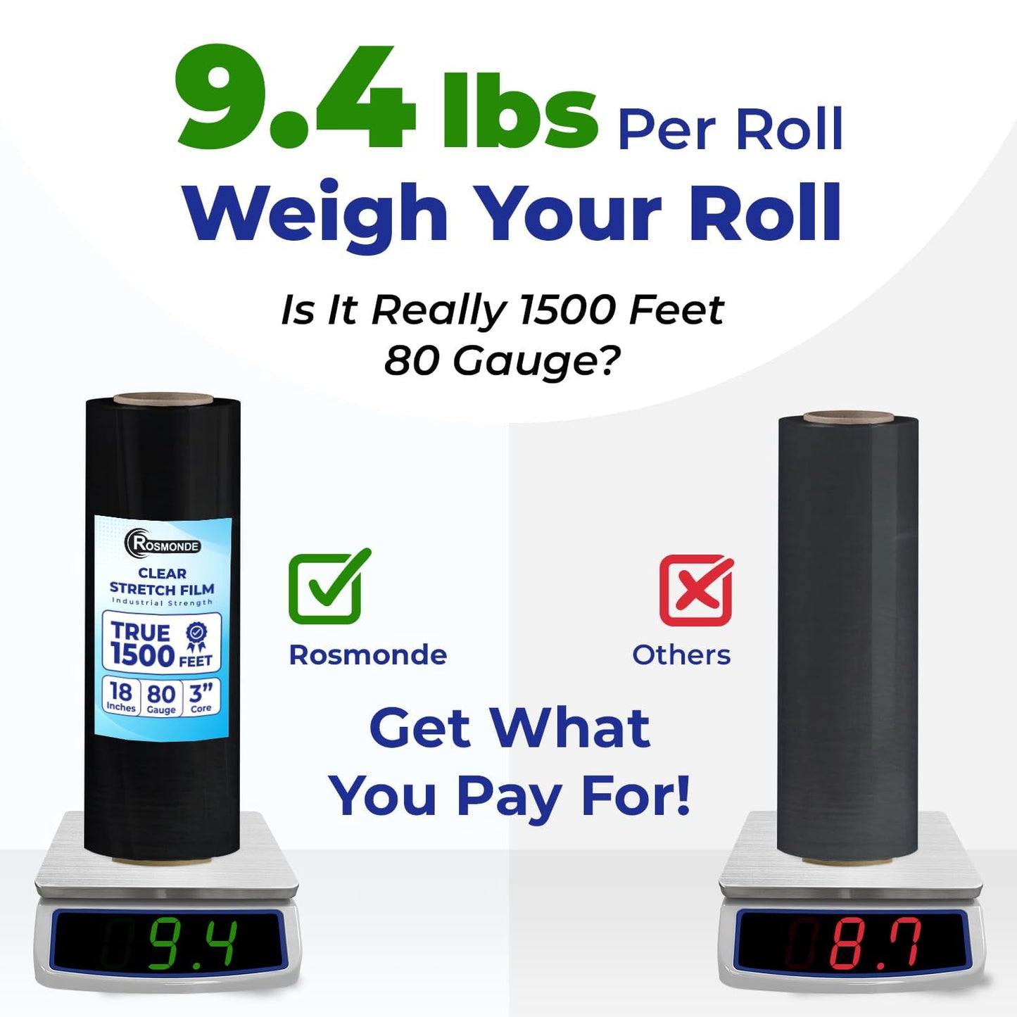 Rosmonde Black Plastic Stretch Wrap Bulk, 128 Rolls Pack, 18 in x 1500 ft, 80 Gauge Thick, 9.4 lbs/Roll, Industrial Strength Shrink Wrap for Warehouse, Moving & Secure Pallet Wrapping