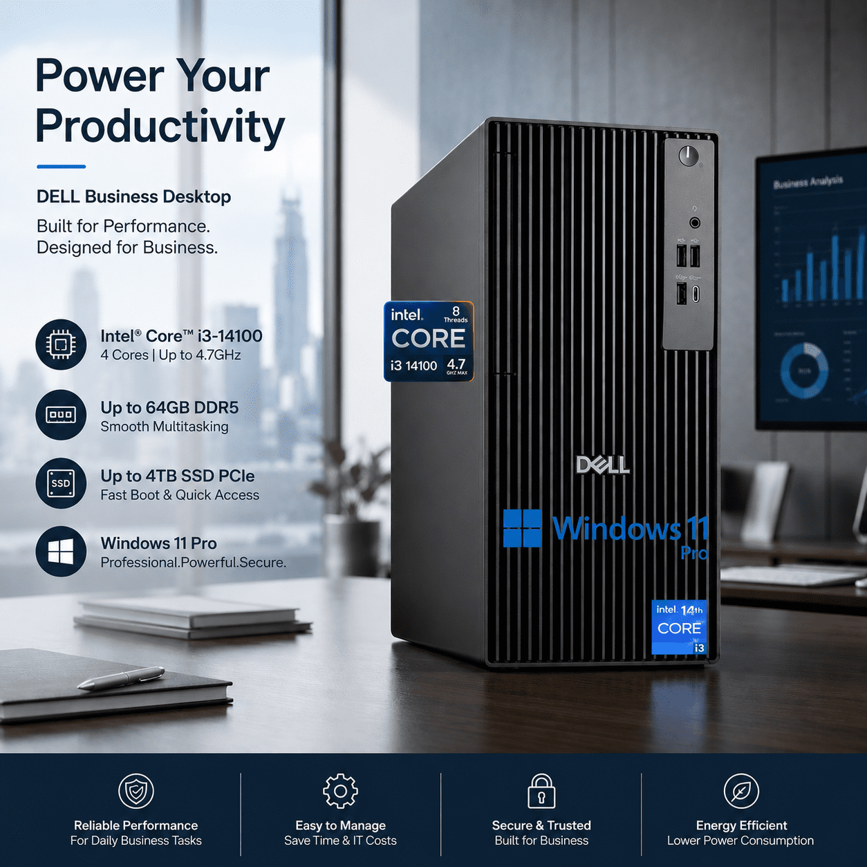 Dell 2026 Pro Desktop Computers Tower PC for Home & Business, Copilot AI, 14th Gen i3-14100 Processor, 16GB DDR5 RAM, 512GB PCIe SSD, Wi-Fi 6, Bluetooth 5.3, DisplayPort, HDMI, USB-C, Windows 11 Pro