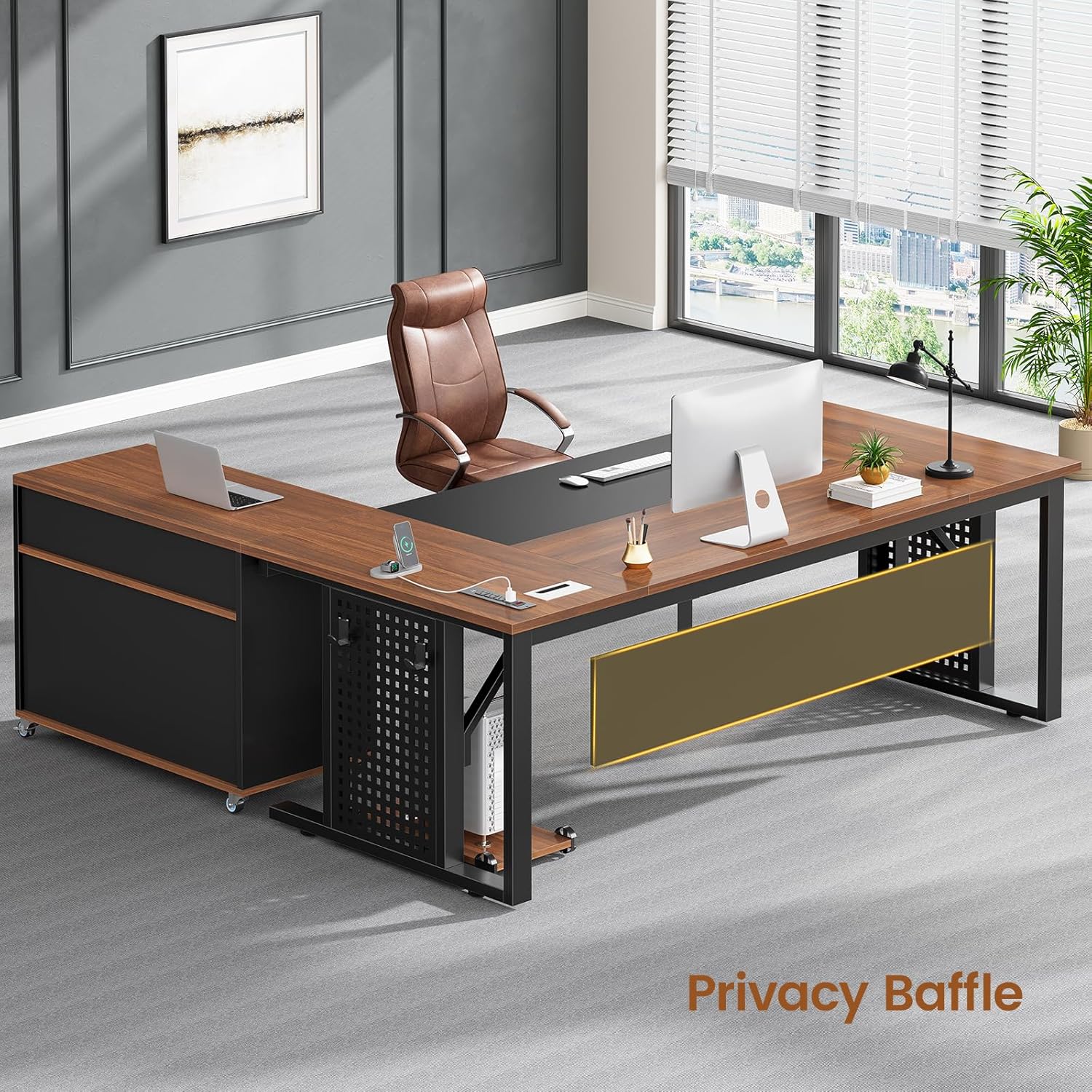SEDETA 71" Executive Desk with Rolling File Cabinet, Large Office Desk with Drawers, L Shaped Computer Desk with Power Outlets, CPU Stand, Pegboard and Storage Shelves, Walnut