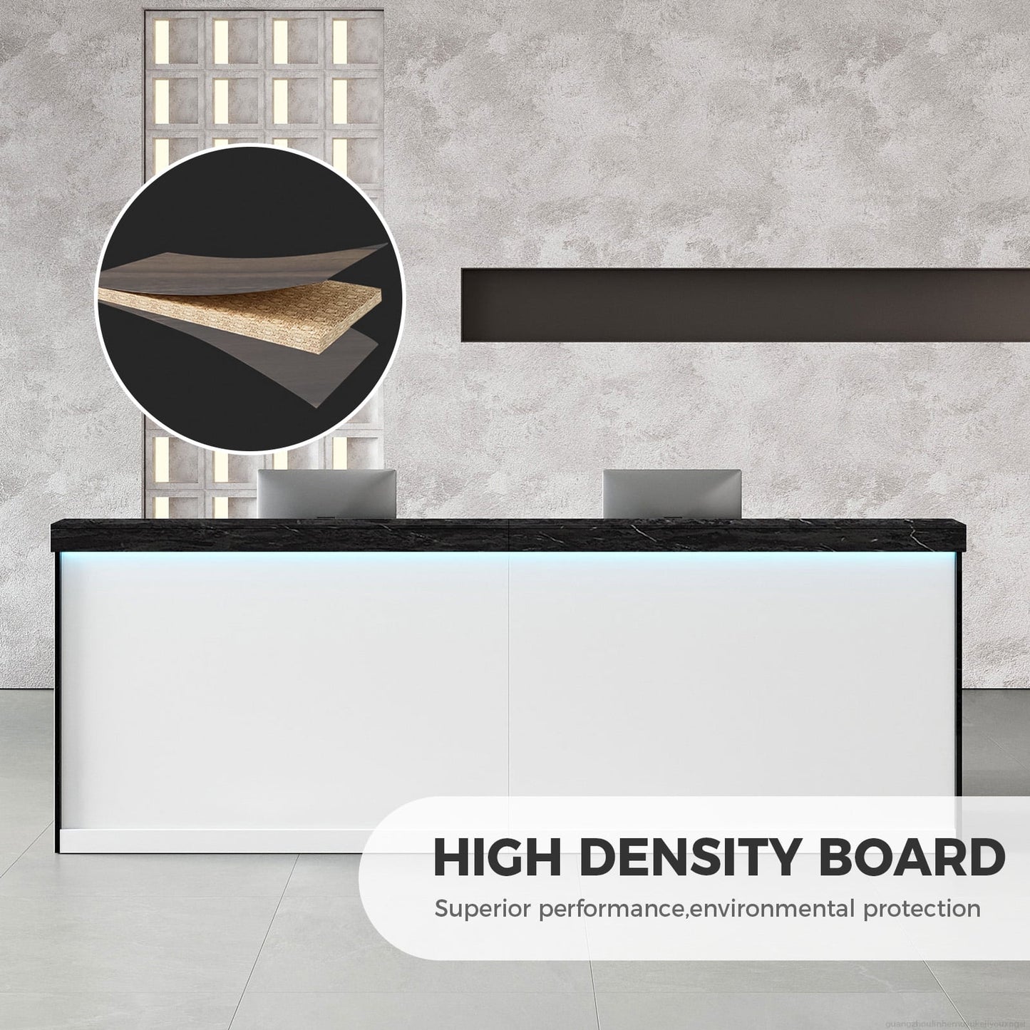 Modern Ergonomic Reception Desk With LED Lighting（Black Grain & White; 71"L x 24"W x 39"H）
