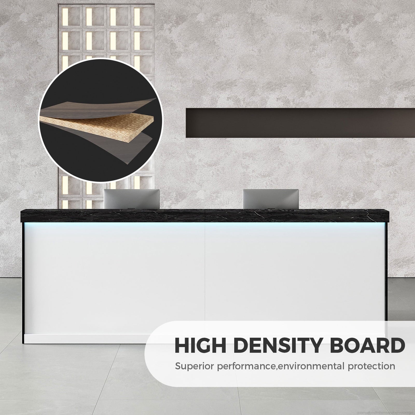 Modern Ergonomic Reception Desk With LED Lighting（Black Grain & White; 71"L x 24"W x 39"H）