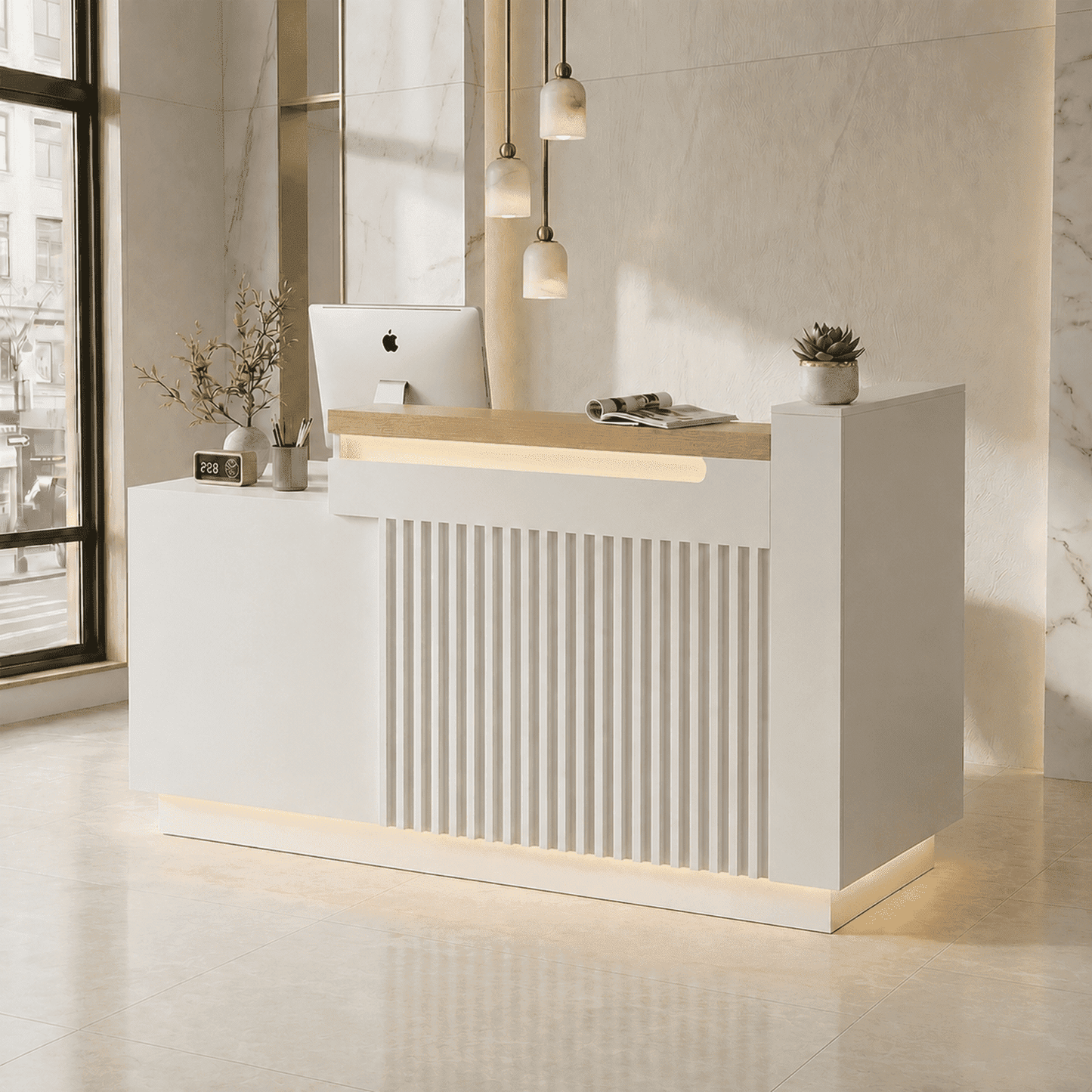 63" White L-Shaped Reception Desk with Left Counter, Modern Front Desk with Built-in Power Outlets, Locking Drawers & LED Lights for Office, Salon & Retail