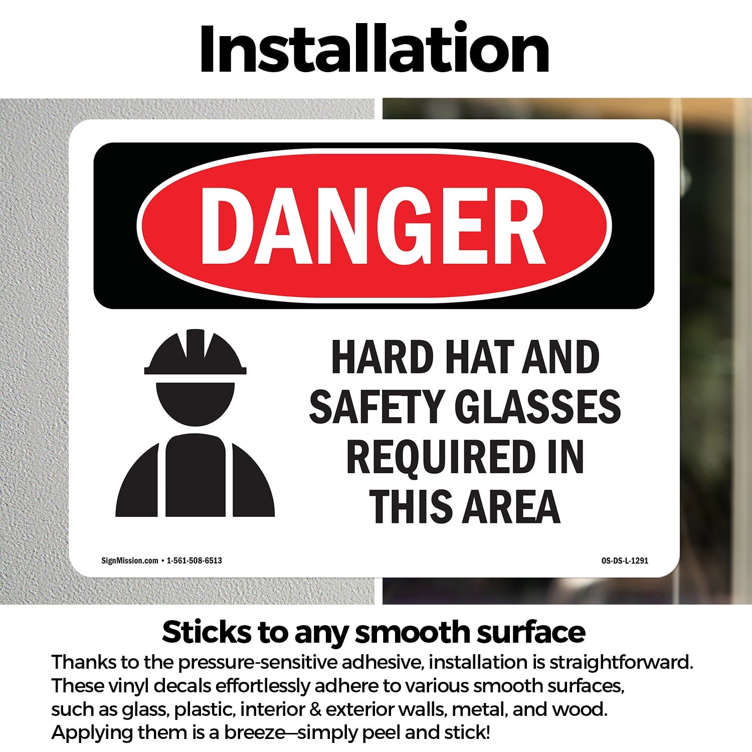 Hard Hat Safety Glasses Required In Area OSHA Danger Vinyl Decal Label 14 Inch x 10 Inch - 5 Pack