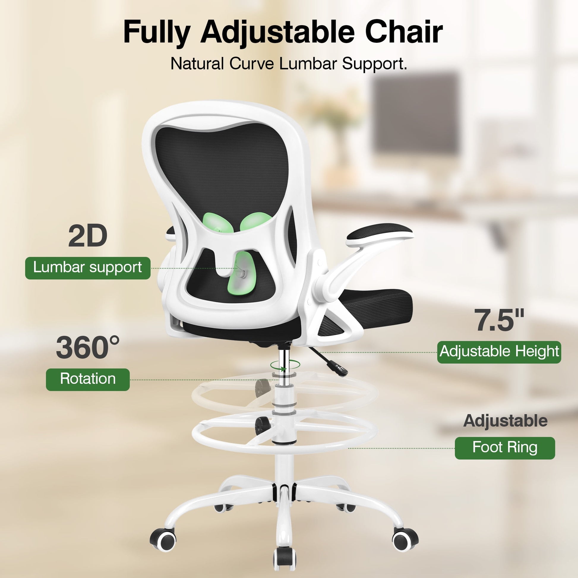 ATHOPE Ergonomic Office Chair, Mesh Desk Chair with Lumbar Support, Tall Office Chair with Flip-Up Armrests and Footrest Ring, Adjustable Computer Chair for Standing Desk Home Office, White