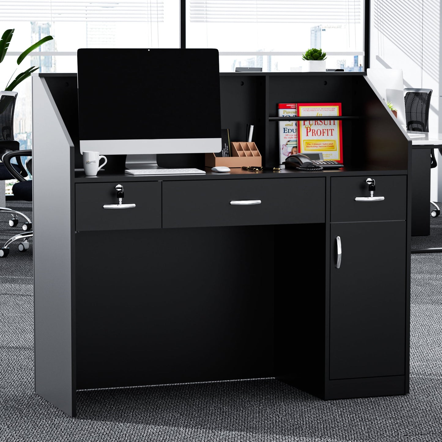 AHB 50-inch Reception Desk with Counter, Front Desk Office Desk with Storage Shelves, Black