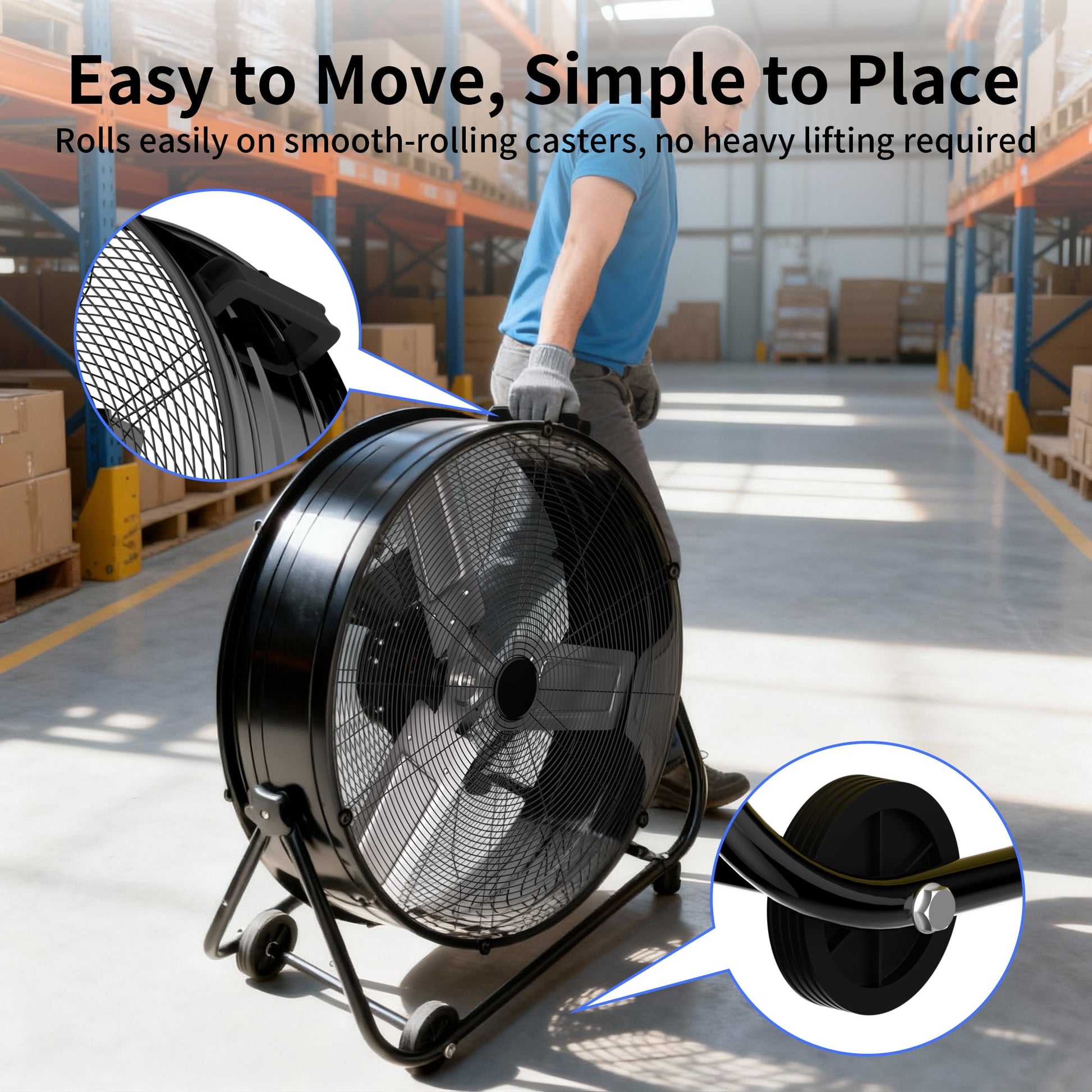 Industrial Drum Fan 24", High Velocity, 5650 CFM, 3-Speed, Heavy Duty Metal Fan for Commercial, Factory(Black)