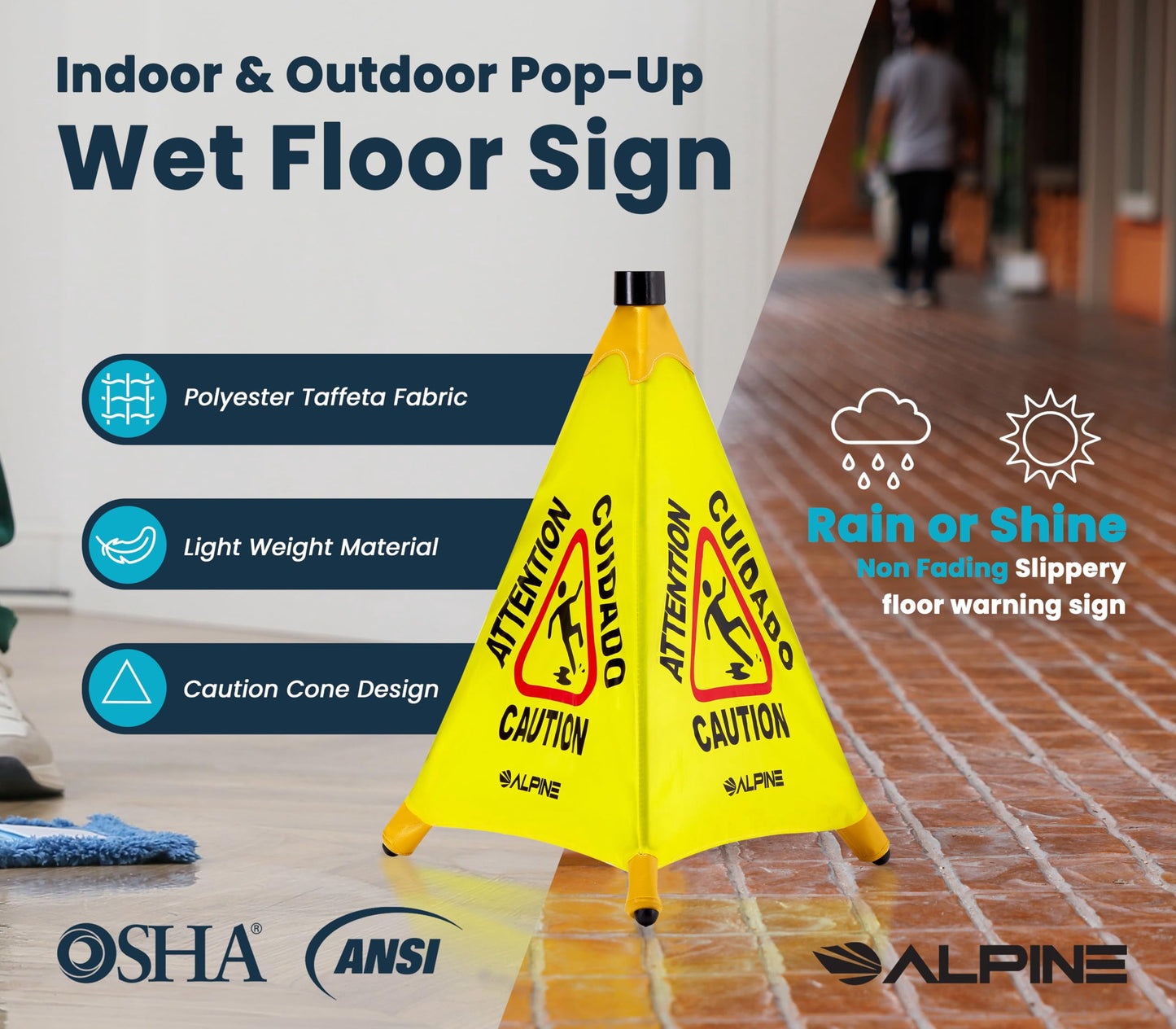 Alpine Caution Wet Floor Sign - Pop Up Slippery When Wet Sign, Wall Mounted Foldable Bilingual Yellow Safety Warning Cone For Commercial & Office Use (20 Inches)