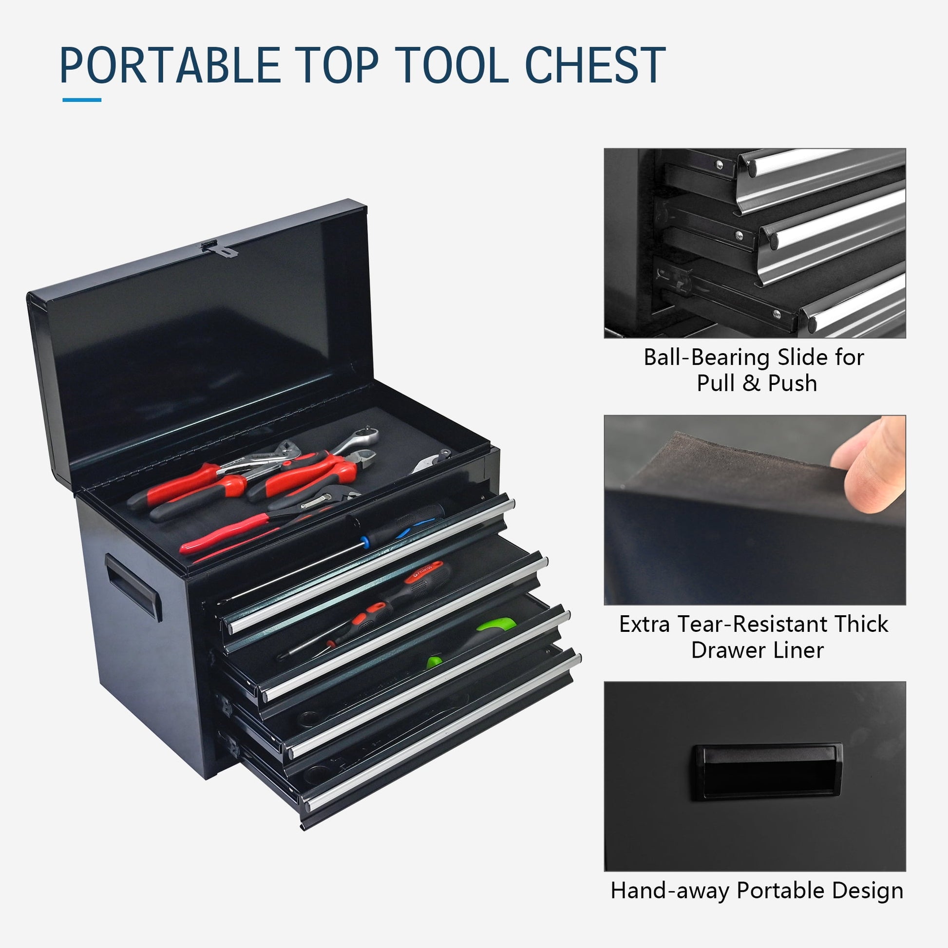 Tool Chest, 5-Drawer Rolling Tool Storage Cabinet with Detachable Top Tool Box, Universal Lockable Wheels